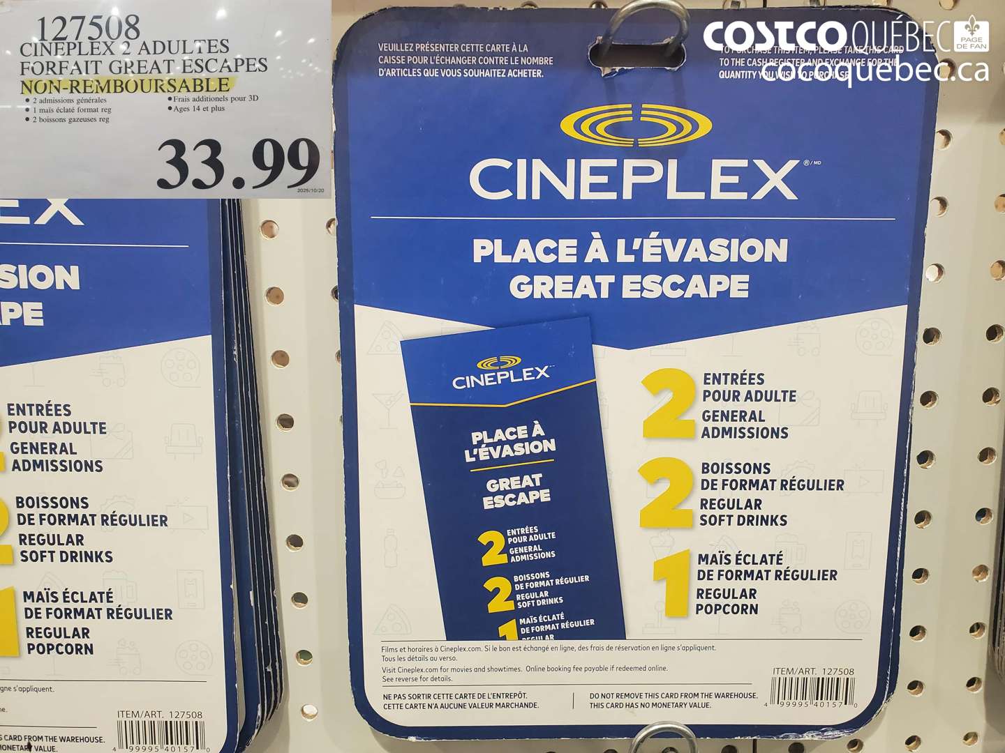 127508 CINEPLEX 2 ADULTES FORFAIT GREAT ESCAPES NON-REMBOURSABLE $33.99