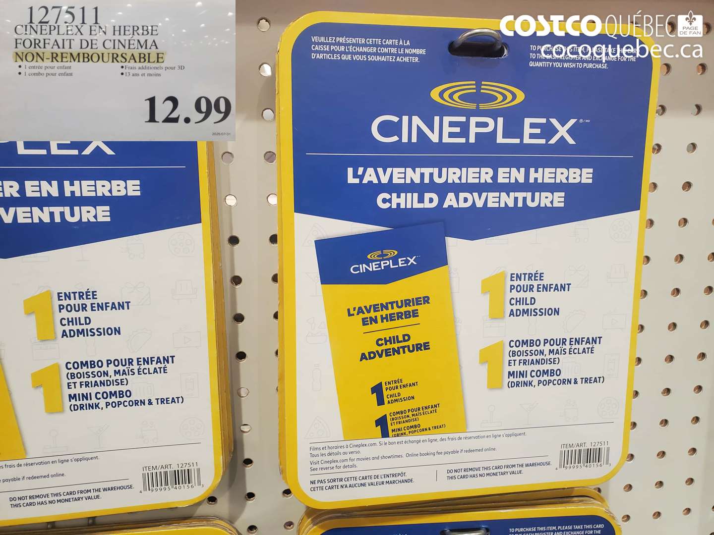 127511 CINEPLEX EN HERBE FORFAIT DE CINÉMA NON-REMBOURSABLE $12.99