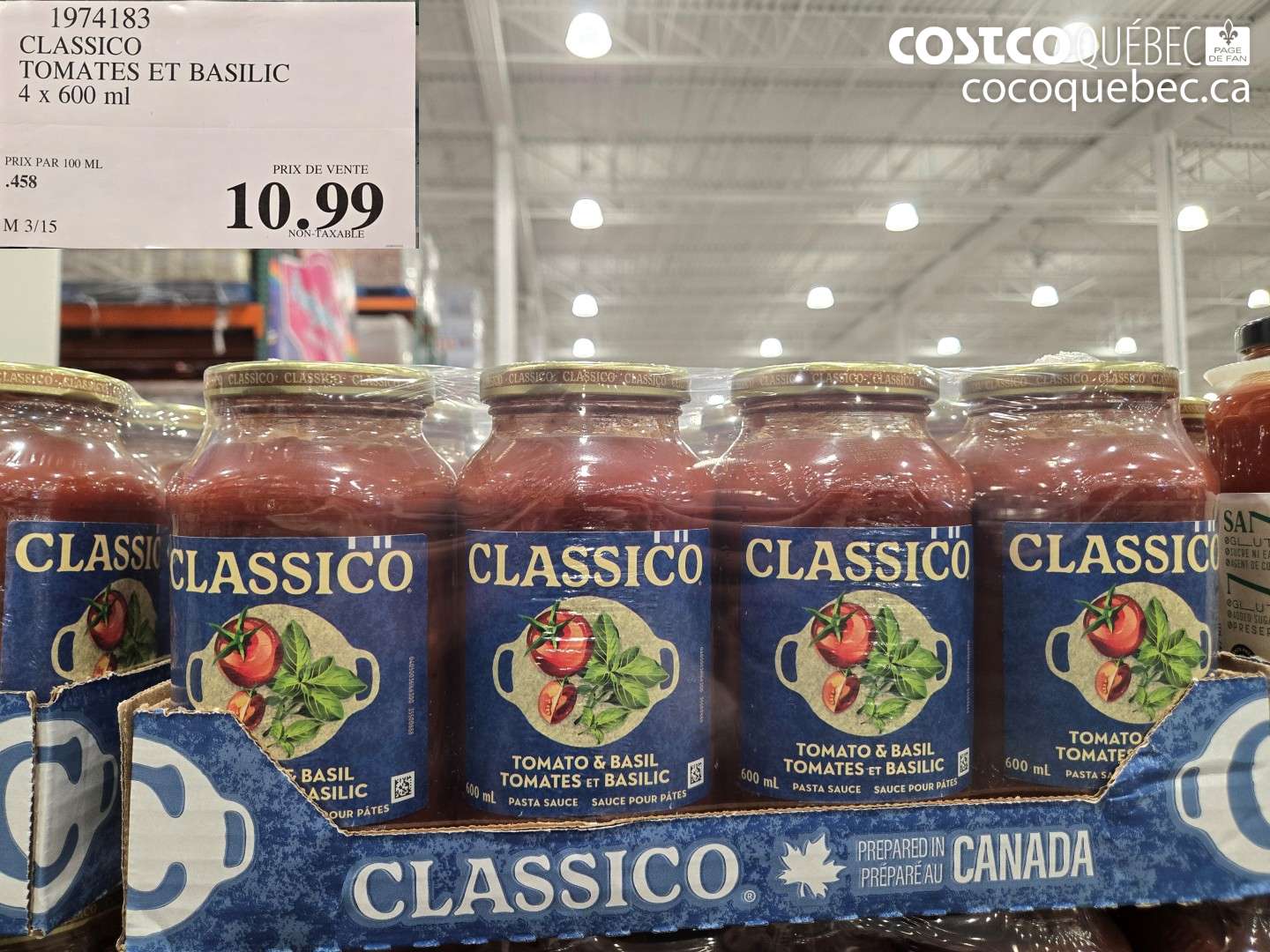 1974183 CLASSICO TOMATES ET BASILIC 4 X 600 ML $10.99