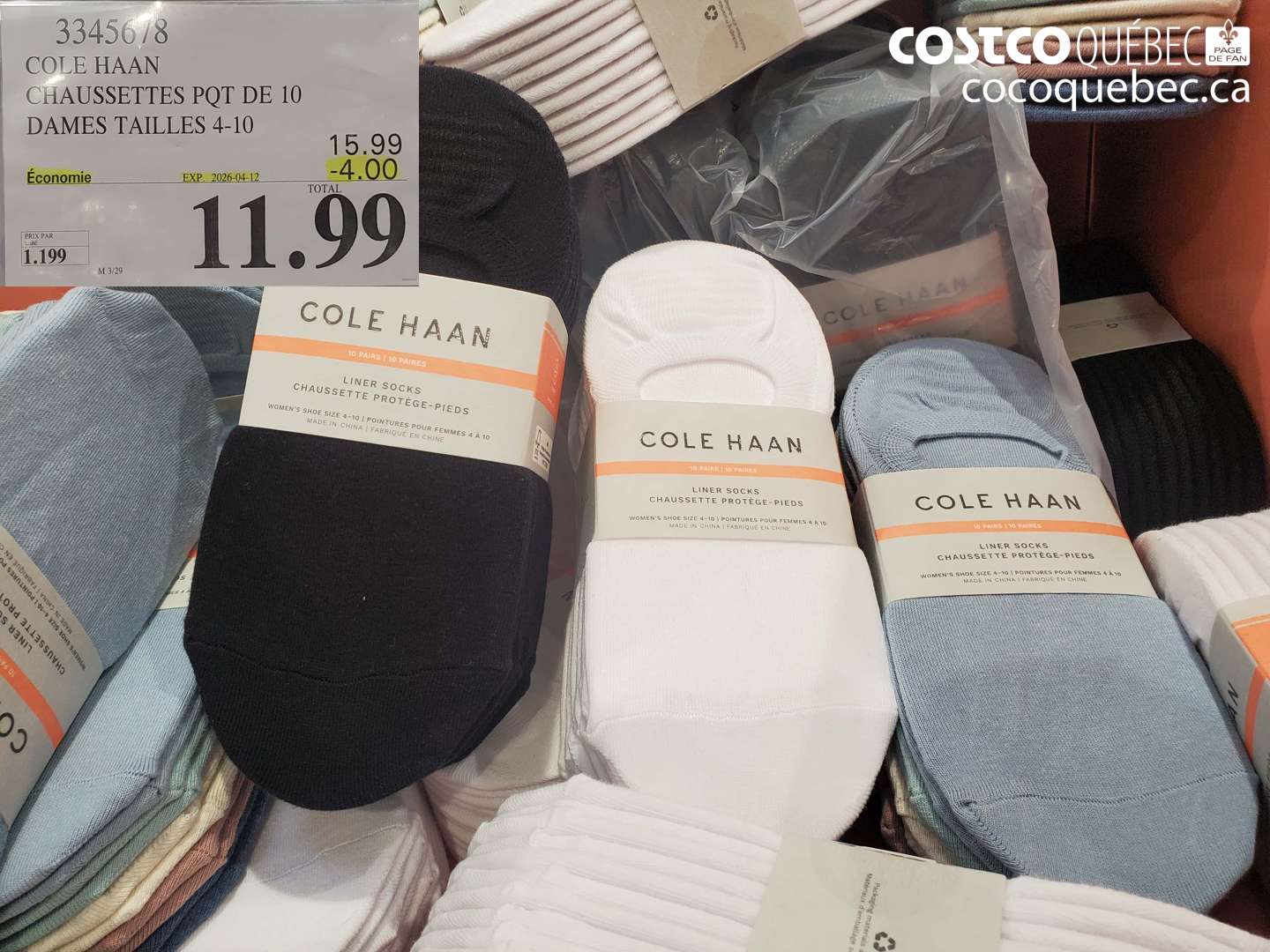 3345678 COLE HAAN CHAUSSETTES PQT DE 10 DAMES TAILLES 4-10 ($4.00 INSTANT SAVINGS EXPIRES ON 2026-04-12) $11.99