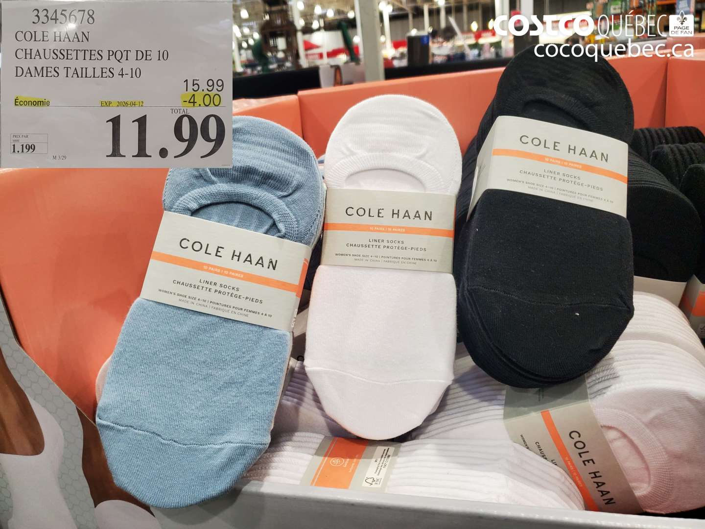 3345678 COLE HAAN CHAUSSETTES PQT DE 10 DAMES TAILLES 4-10 ($4.00 INSTANT SAVINGS EXPIRES ON 2026-04-12) $11.99