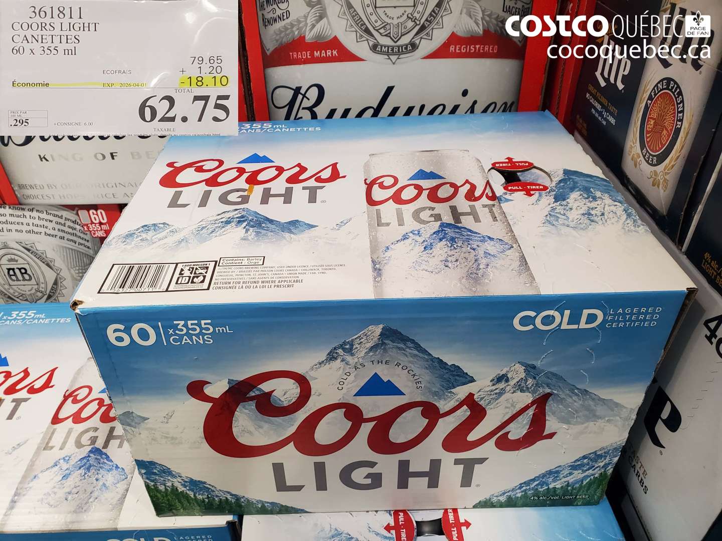 361811 COORS LIGHT CANETTES 60 X 355 ML ($18.10 INSTANT SAVINGS EXPIRES ON 2026-04-01) $62.75