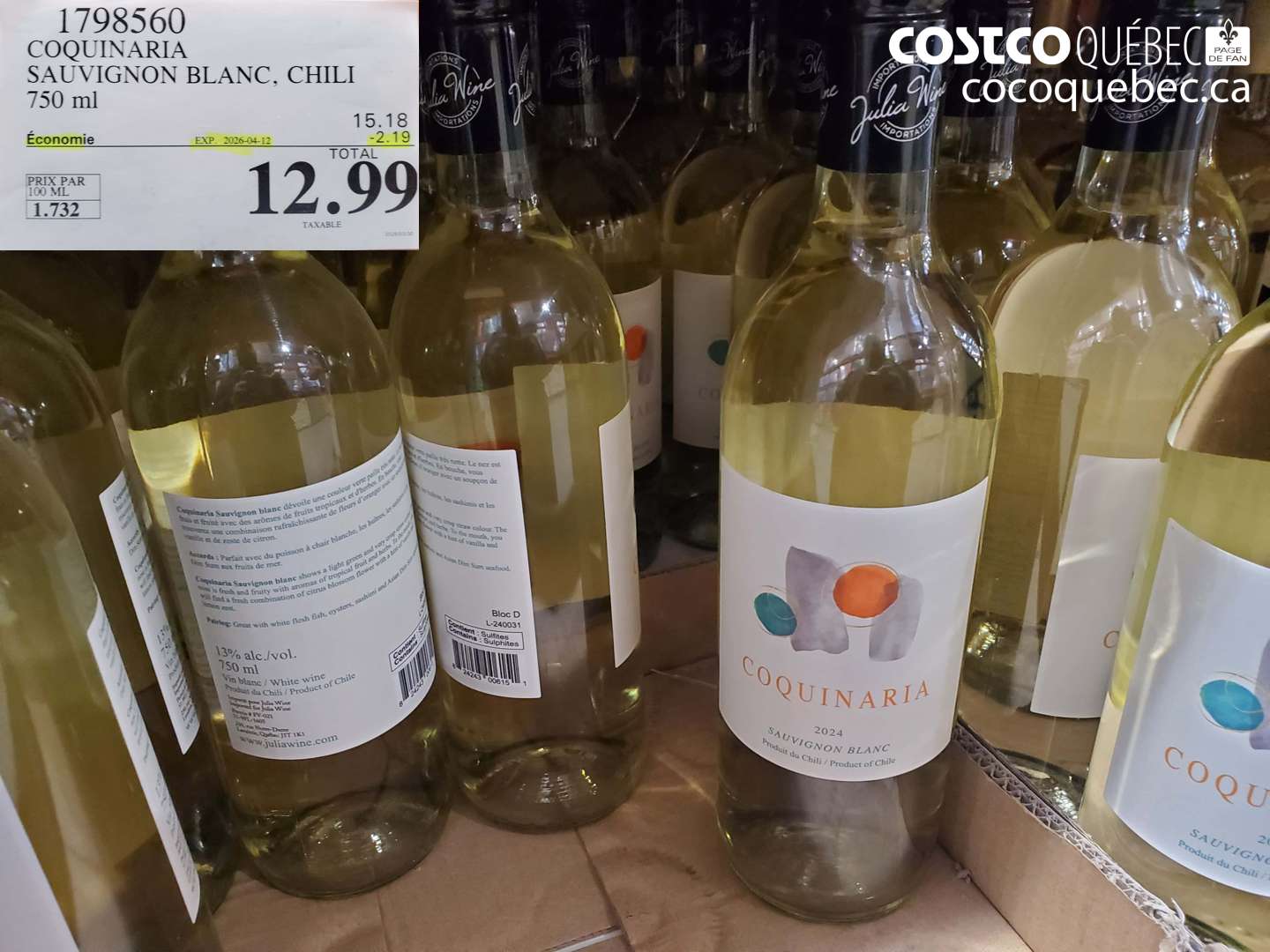 1798560 COQUINARIA SAUVIGNON BLANC, CHILI 750 ML ($2.19 INSTANT SAVINGS EXPIRES ON 2026-04-12) $12.99