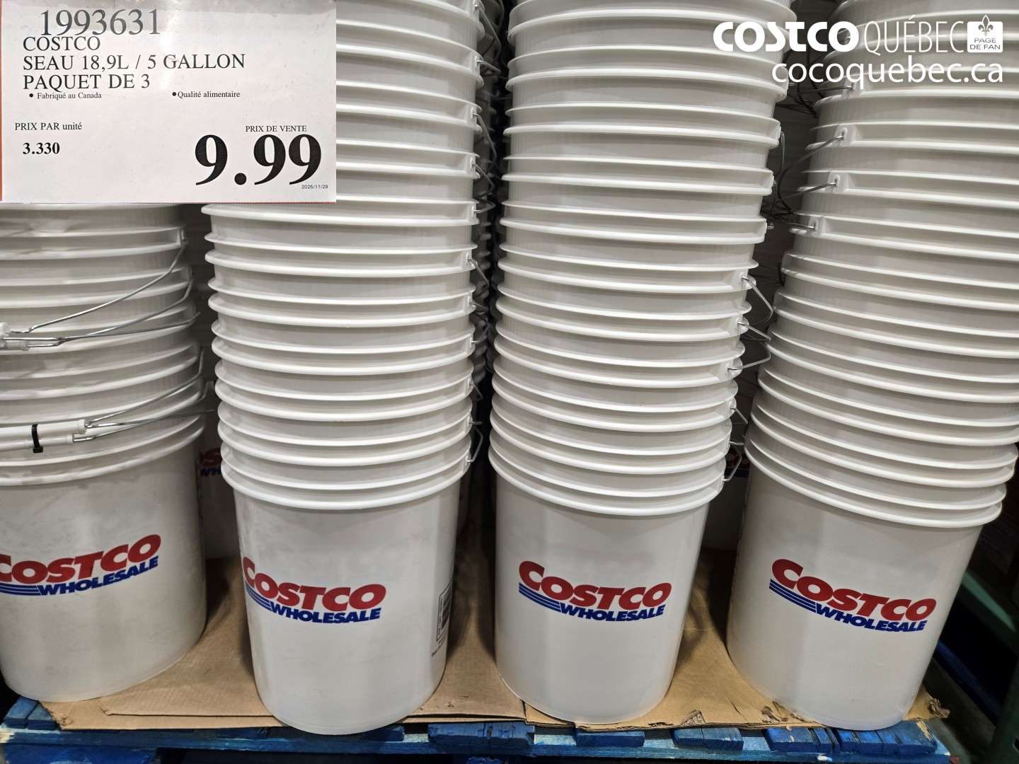 1993631 COSTCO SEAU 18,9L / 5 GALLON PAQUET DE 3 $9.99