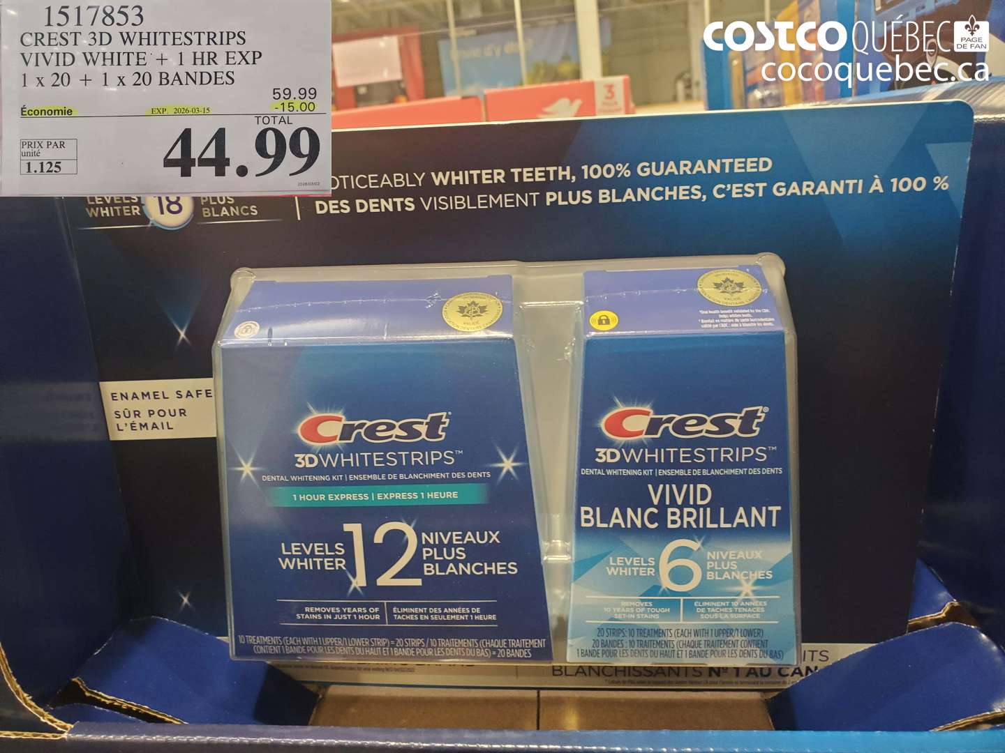 1517853 CREST 3D WHITESTRIPS VIVID WHITE + 1 HR EXP 1 X 20 + 1 X 20 BANDES ($15.00 INSTANT SAVINGS EXPIRES ON 2026-03-15) $44.99