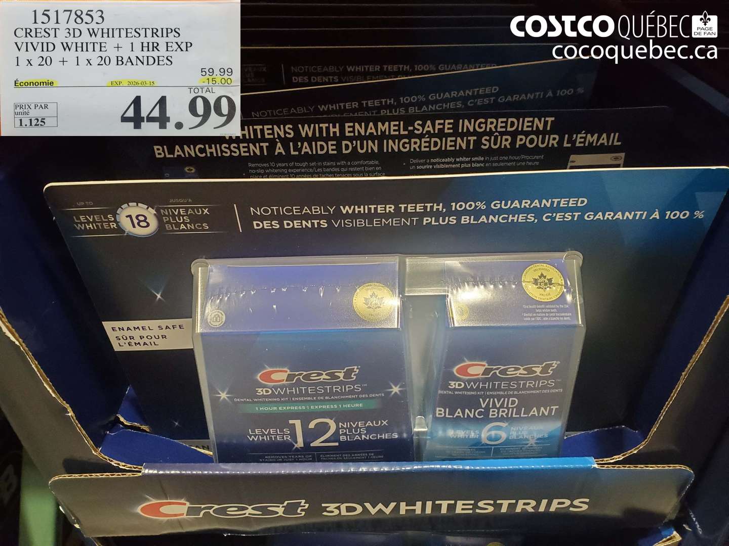 1517853 CREST 3D WHITESTRIPS VIVID WHITE + 1 HR EXP 1 X 20 + 1 X 20 BANDES ($15.00 INSTANT SAVINGS EXPIRES ON 2026-03-15) $44.99