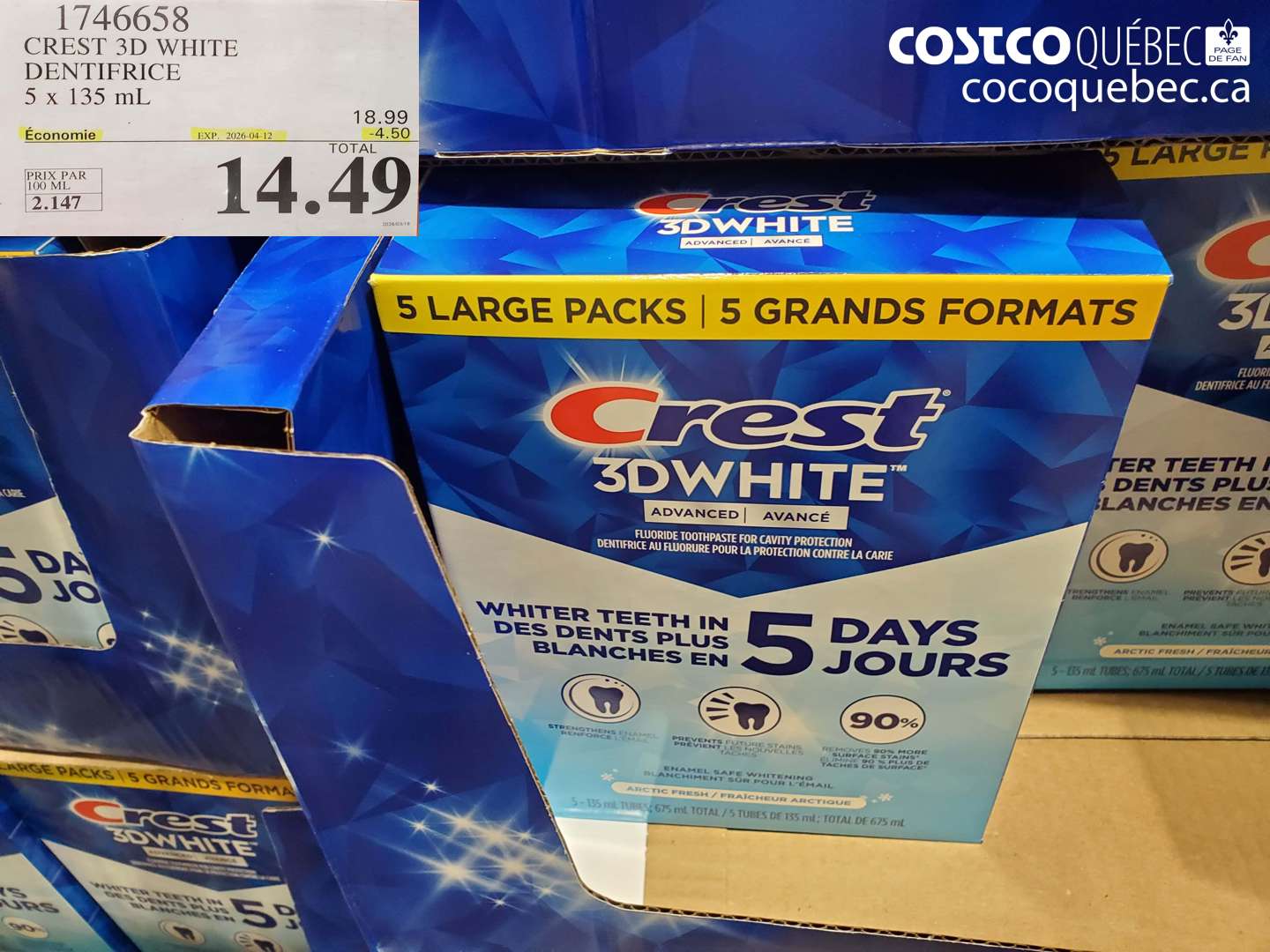 1746658 CREST 3D WHITE DENTIFRICE 5 X 135 ML ($4.50 INSTANT SAVINGS EXPIRES ON 2026-04-12) $14.49