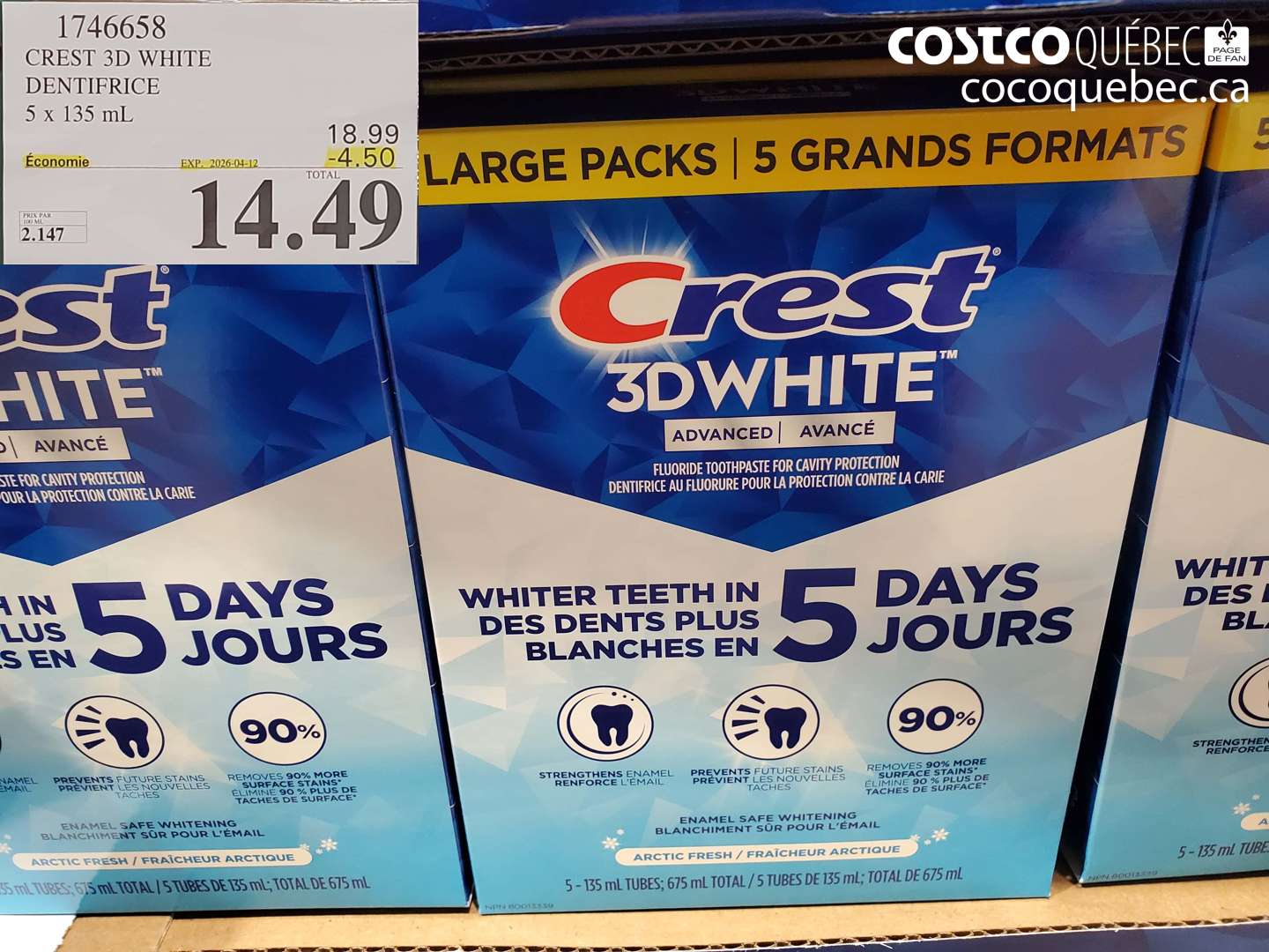 1746658 CREST 3D WHITE DENTIFRICE 5 X 135 ML ($4.50 INSTANT SAVINGS EXPIRES ON 2026-04-12) $14.49