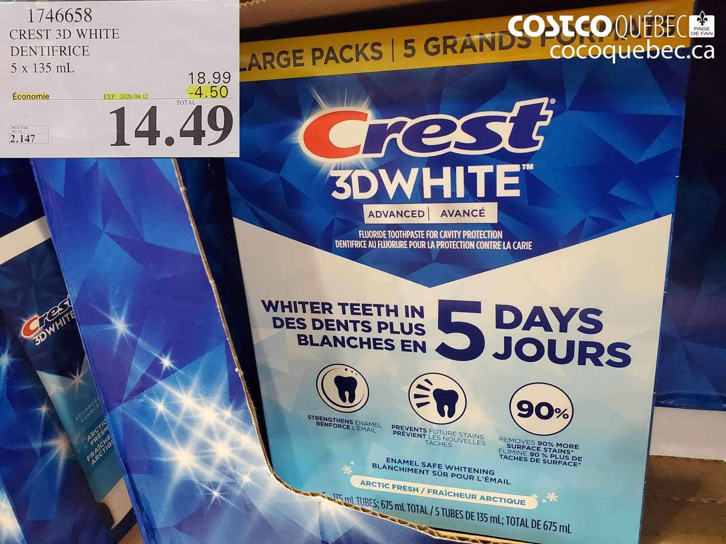 1746658 CREST 3D WHITE DENTIFRICE 5 x 135 mL ($4.50 INSTANT SAVINGS EXPIRES ON 2026-04-12) $14.49