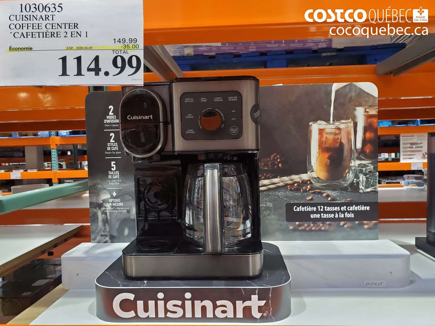 1030635 CUISINART COFFEE CENTER CAFETIÈRE 2 EN 1 ($35.00 INSTANT SAVINGS EXPIRES ON 2026-04-05) $114.99