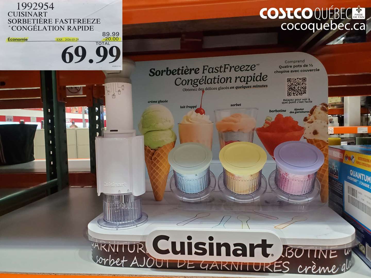1992954 CUISINART SORBETIÈRE FASTFREEZE CONGÉLATION RAPIDE ($20.00 INSTANT SAVINGS EXPIRES ON 2026-03-29) $69.99