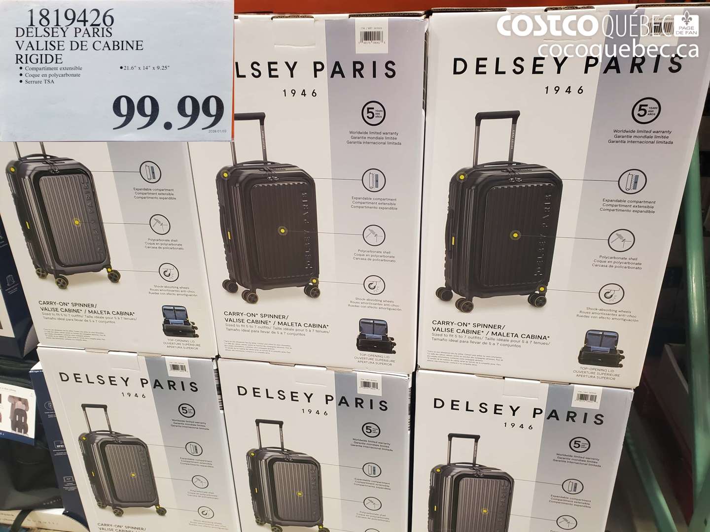 1819426 DELSEY PARIS VALISE DE CABINE RIGIDE $99.99