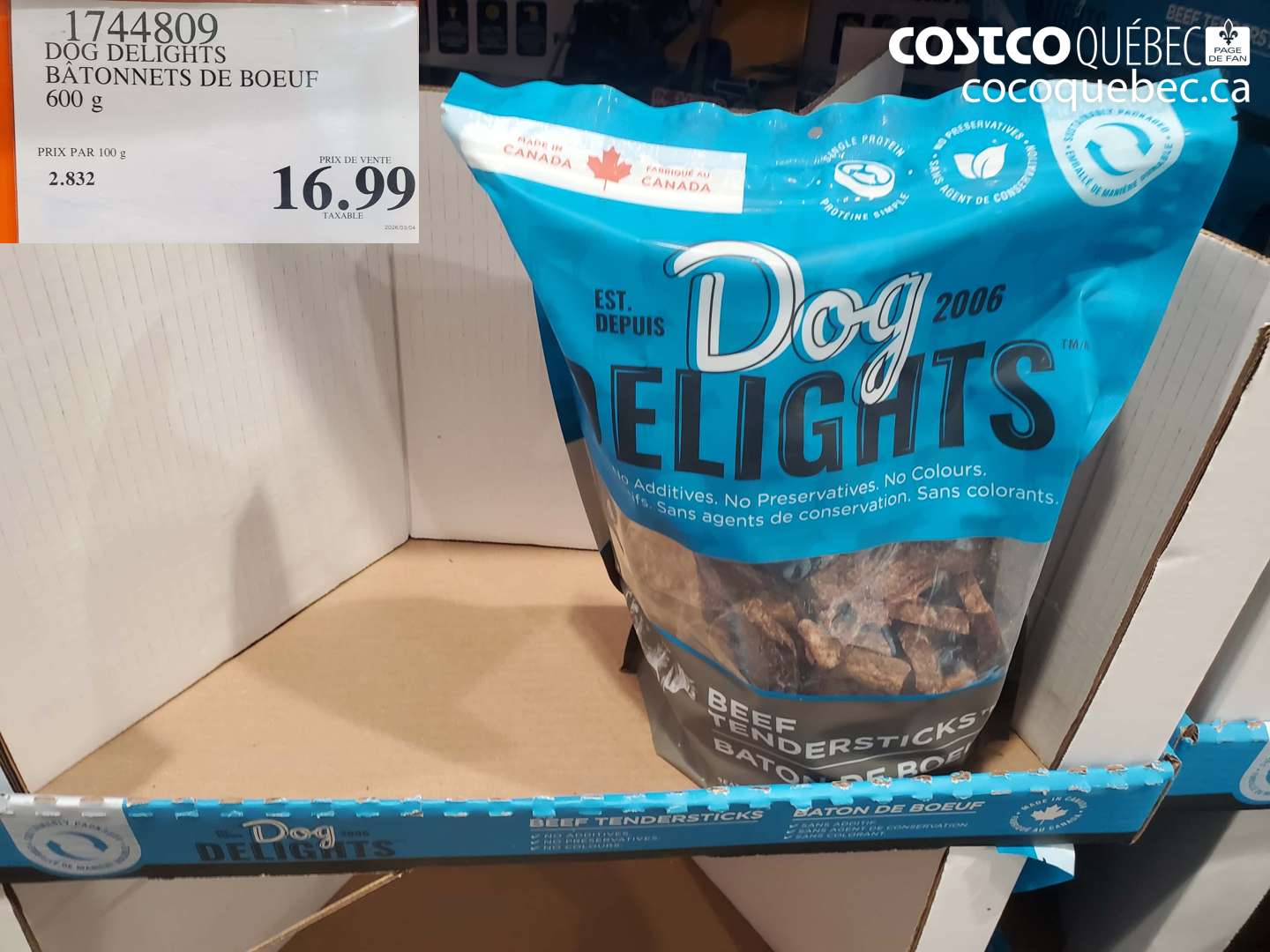 1744809 DOG DELIGHTS BÂTONNETS DE BOEUF 600 G $16.99