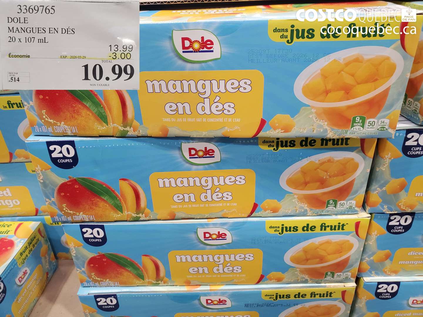3369765 DOLE MANGUES EN DÉS 20 X 107 ML ($3.00 INSTANT SAVINGS EXPIRES ON 2026-03-29) $10.99