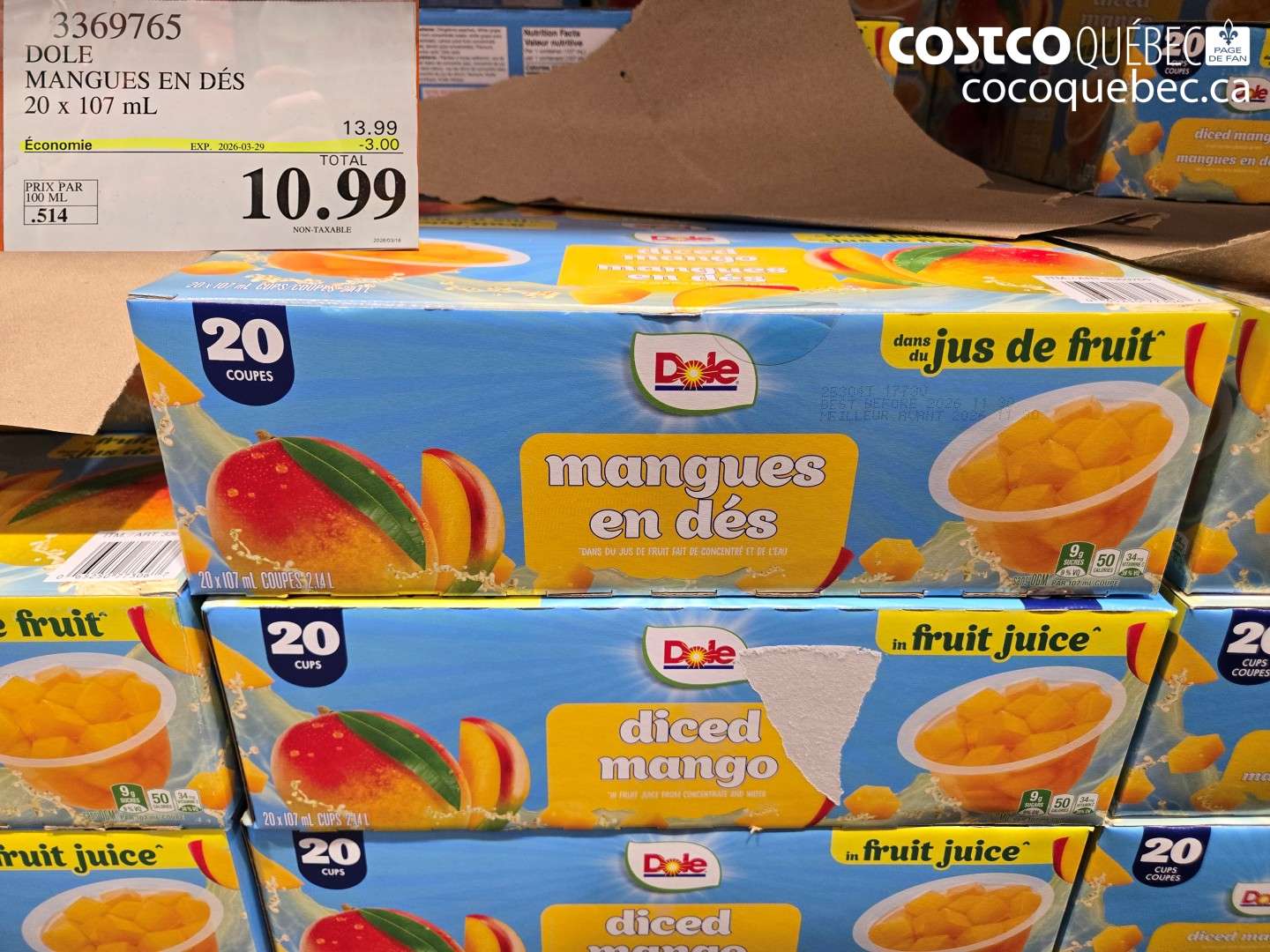 3369765 DOLE MANGUES EN DÉS 20 X 107 ML ($3.00 INSTANT SAVINGS EXPIRES ON 2026-03-29) $10.99