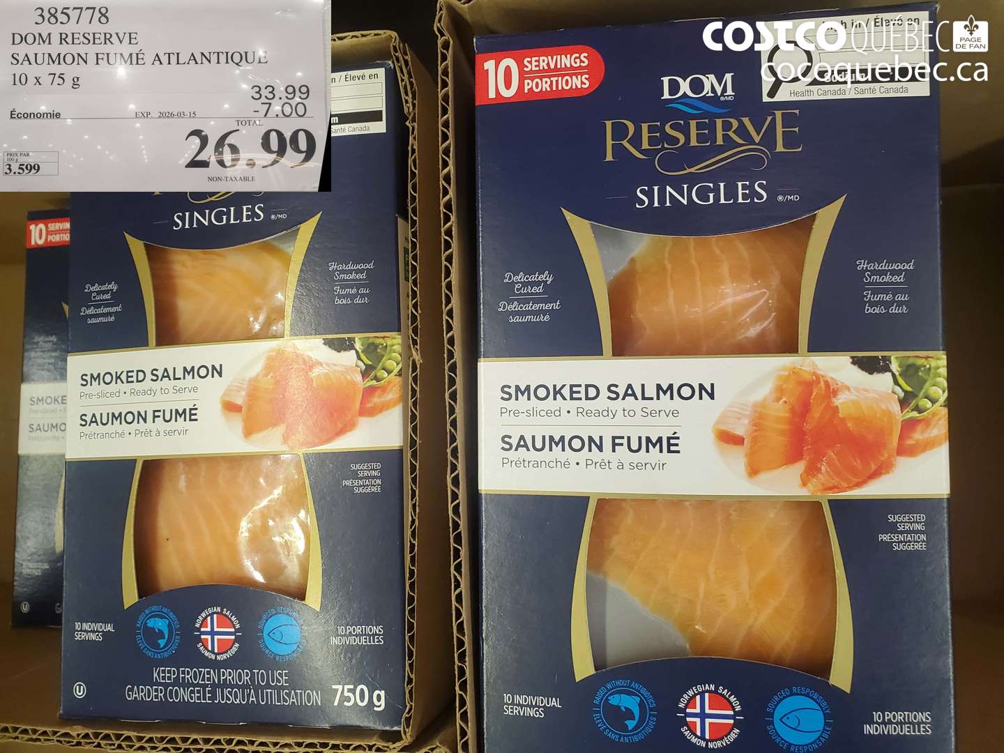 385778 DOM RESERVE SAUMON FUMÉ ATLANTIQUE 10 x 75 g ($7.00 INSTANT SAVINGS EXPIRES ON 2026-03-15) $26.99