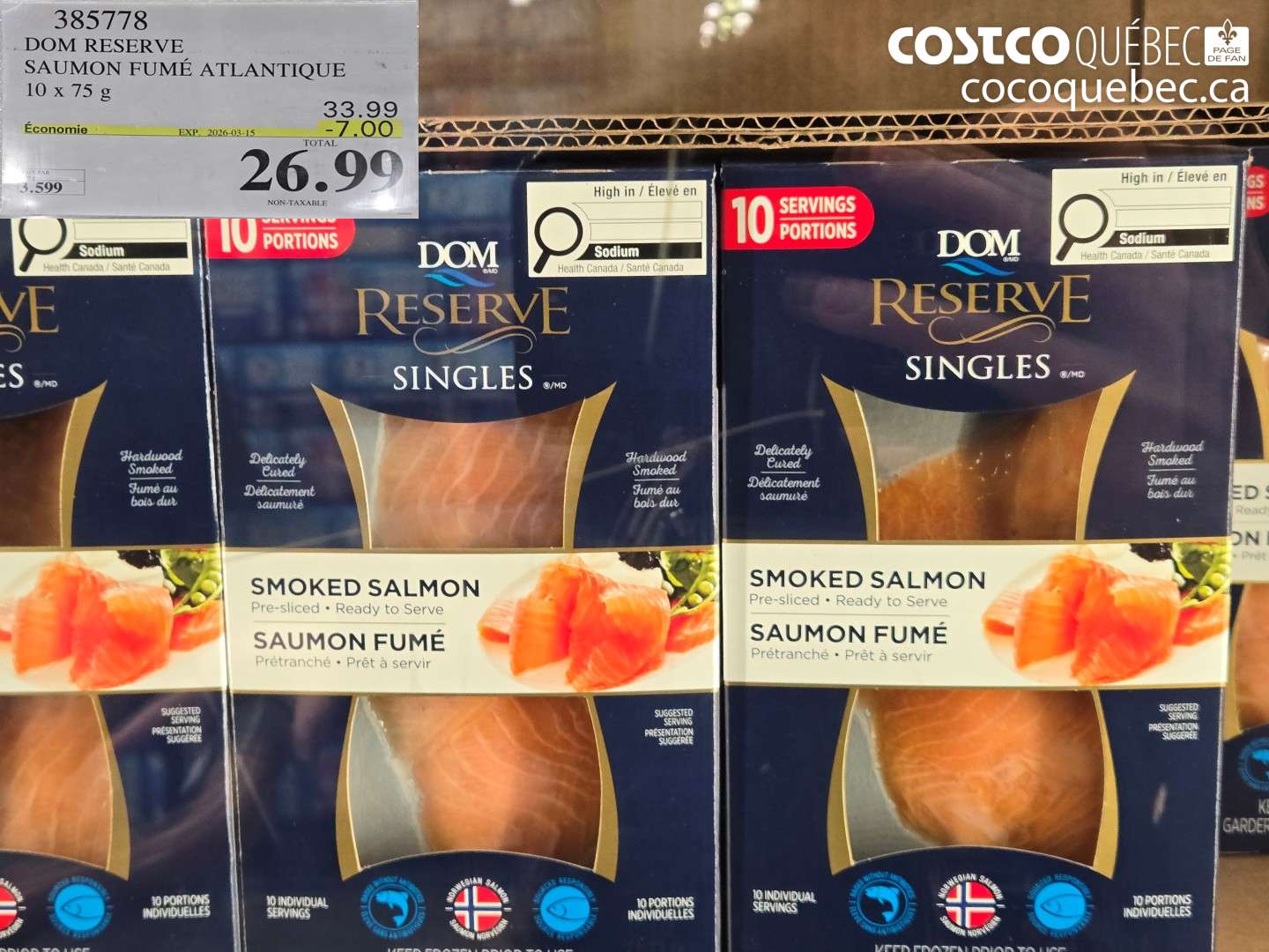 385778 DOM RESERVE SAUMON FUMÉ ATLANTIQUE 10 X 75 G ($7.00 INSTANT SAVINGS EXPIRES ON 2026-03-15) $26.99