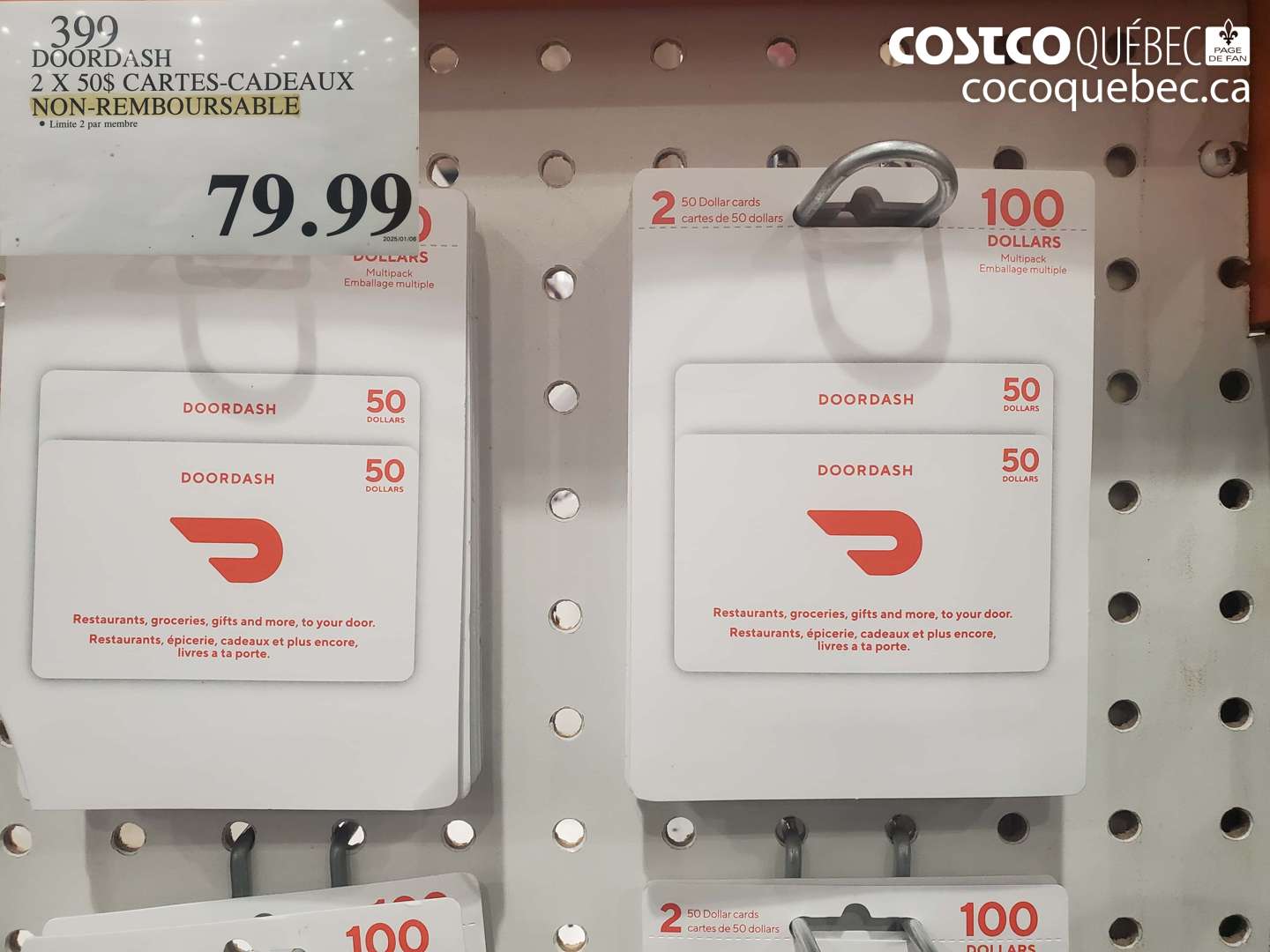 399 DOORDASH 2 X 50$ CARTES-CADEAUX NON-REMBOURSABLE $79.99