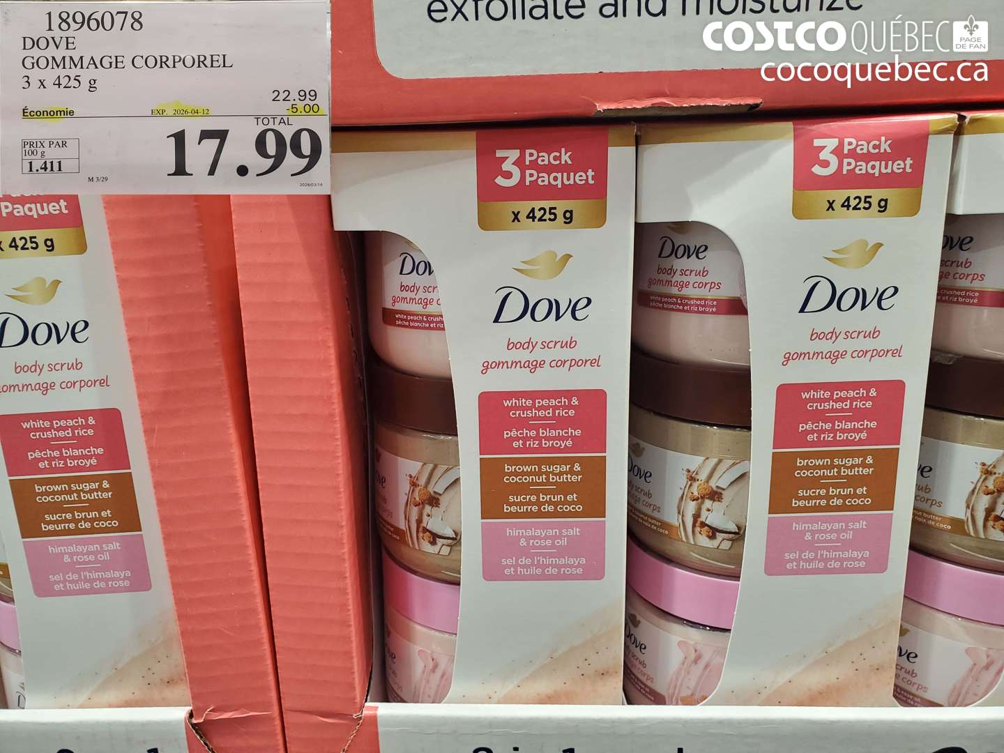 1896078 DOVE GOMMAGE CORPOREL 3 X 425 G ($5.00 INSTANT SAVINGS EXPIRES ON 2026-04-12) $17.99