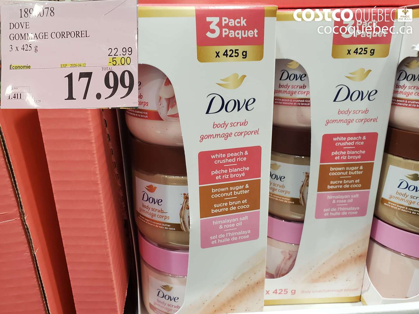 1896078 DOVE GOMMAGE CORPOREL 3 X 425 G ($5.00 INSTANT SAVINGS EXPIRES ON 2026-04-12) $17.99