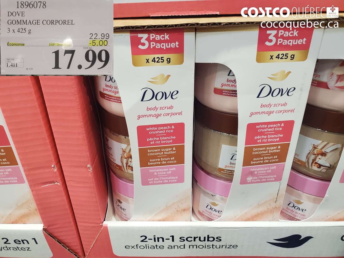 1896078 DOVE GOMMAGE CORPOREL 3 X 425 G ($5.00 INSTANT SAVINGS EXPIRES ON 2026-04-12) $17.99