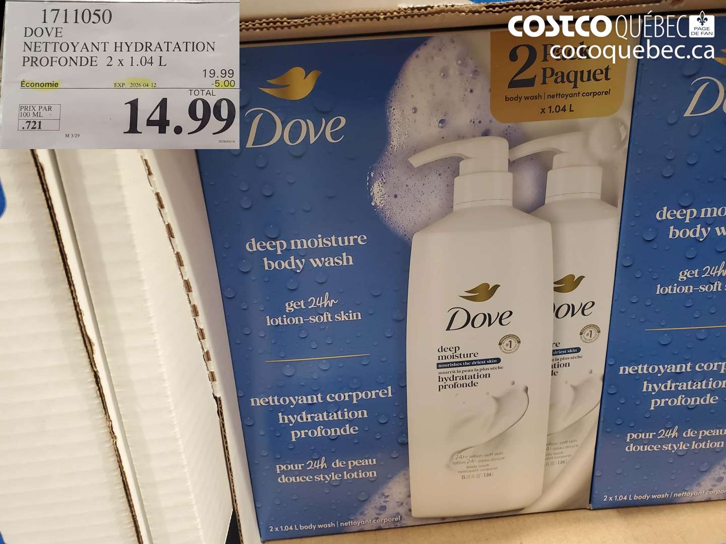 1711050 DOVE NETTOYANT HYDRATATION PROFONDE 2 X 1.04 L ($5.00 INSTANT SAVINGS EXPIRES ON 2026-04-12) $14.99