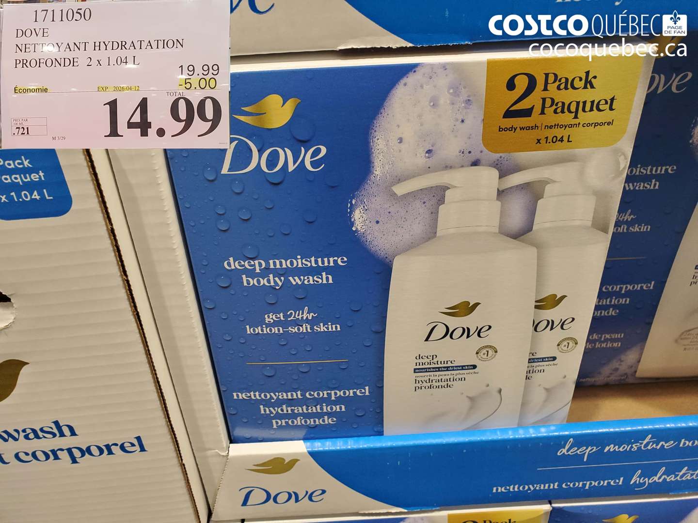 1711050 DOVE NETTOYANT HYDRATATION PROFONDE 2 X 1.04 L ($5.00 INSTANT SAVINGS EXPIRES ON 2026-04-12) $14.99