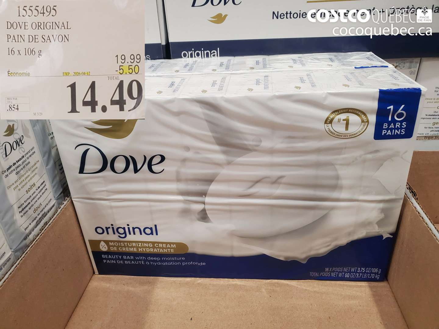 1555495 DOVE ORIGINAL PAIN DE SAVON 16 X 106 G ($5.50 INSTANT SAVINGS EXPIRES ON 2026-04-12) $14.49