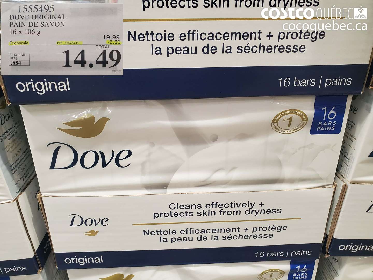 1555495 DOVE ORIGINAL PAIN DE SAVON 16 X 106 G ($5.50 INSTANT SAVINGS EXPIRES ON 2026-04-12) $14.49