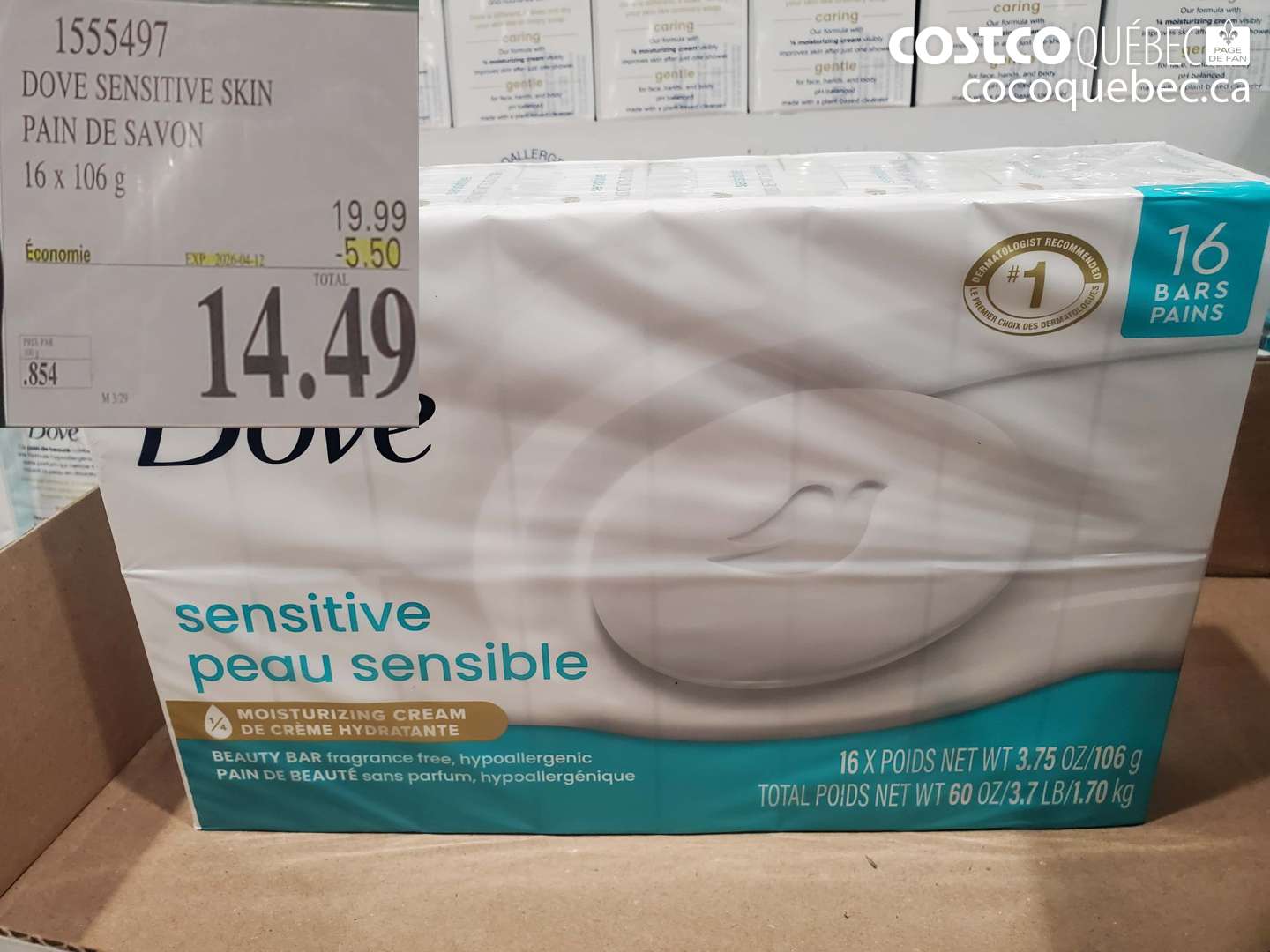 1555497 DOVE SENSITIVE SKIN PAIN DE SAVON 16 X 106 G ($5.50 INSTANT SAVINGS EXPIRES ON 2026-04-12) $14.49