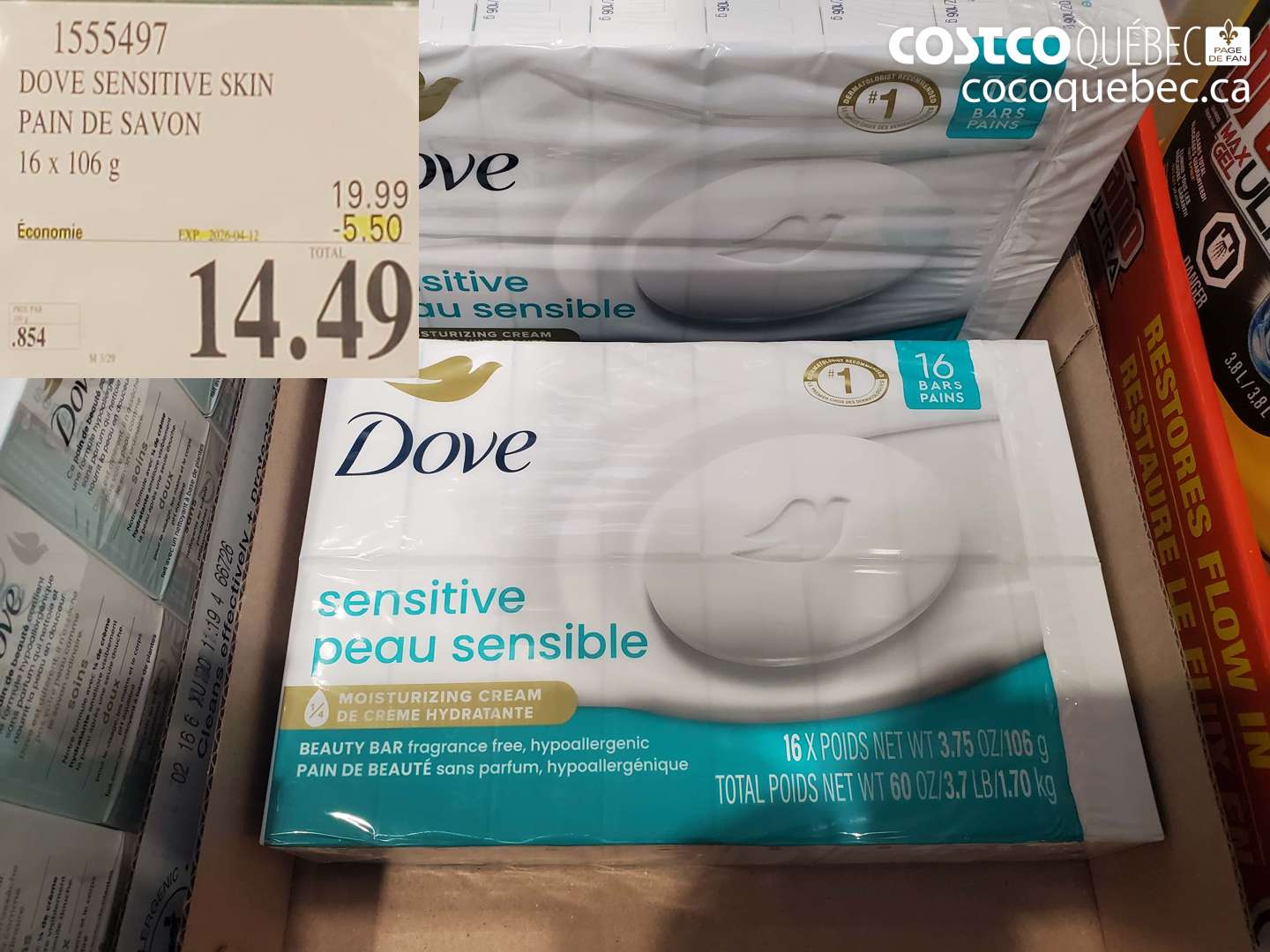 1555497 DOVE SENSITIVE SKIN PAIN DE SAVON 16 X 106 G ($5.50 INSTANT SAVINGS EXPIRES ON 2026-04-12) $14.49