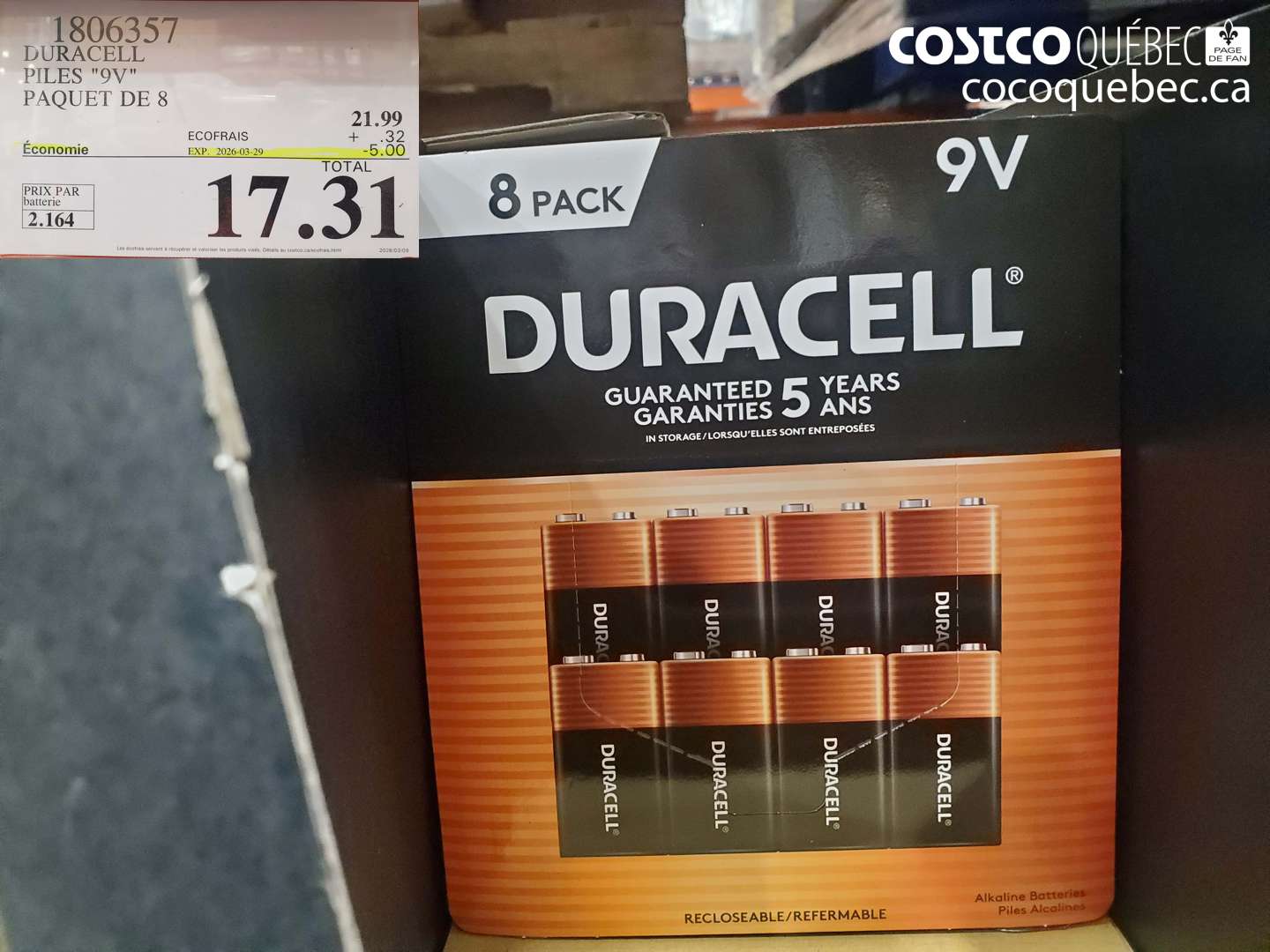 1806357 DURACELL PILES '9V' PAQUET DE 8 ($5.00 INSTANT SAVINGS EXPIRES ON 2026-03-29) $17.31