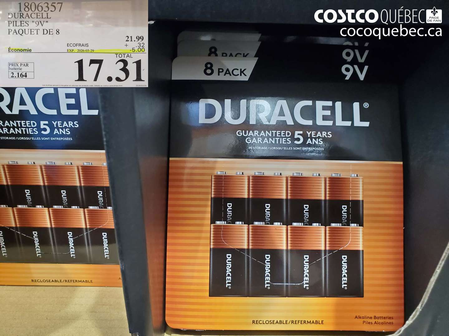 1806357 DURACELL PILES 9V PAQUET DE 8 ($5.00 INSTANT SAVINGS EXPIRES ON 2026-03-29) $17.31