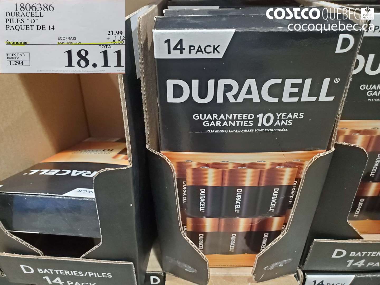 1806386 DURACELL PILES D PAQUET DE 14 ($5.00 INSTANT SAVINGS EXPIRES ON 2026-03-29) $18.11