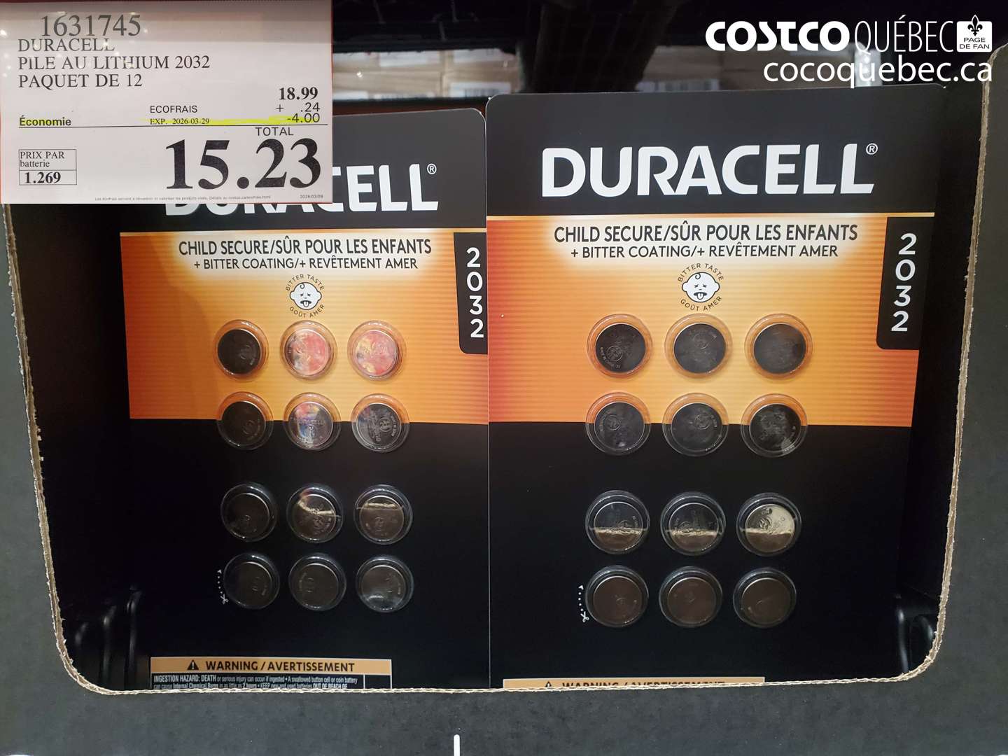 1631745 DURACELL PILE AU LITHIUM 2032 PAQUET DE 12 ($4.00 INSTANT SAVINGS EXPIRES ON 2026-03-29) $15.23