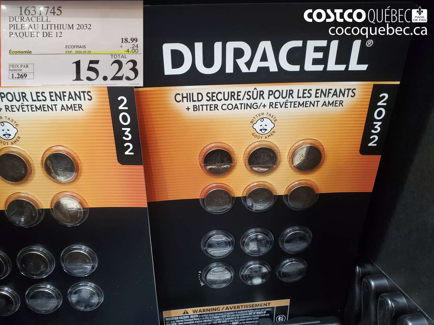 1631745 DURACELL PILE AU LITHIUM 2032 PAQUET DE 12 ($4.00 INSTANT SAVINGS EXPIRES ON 2026-03-29) $15.23