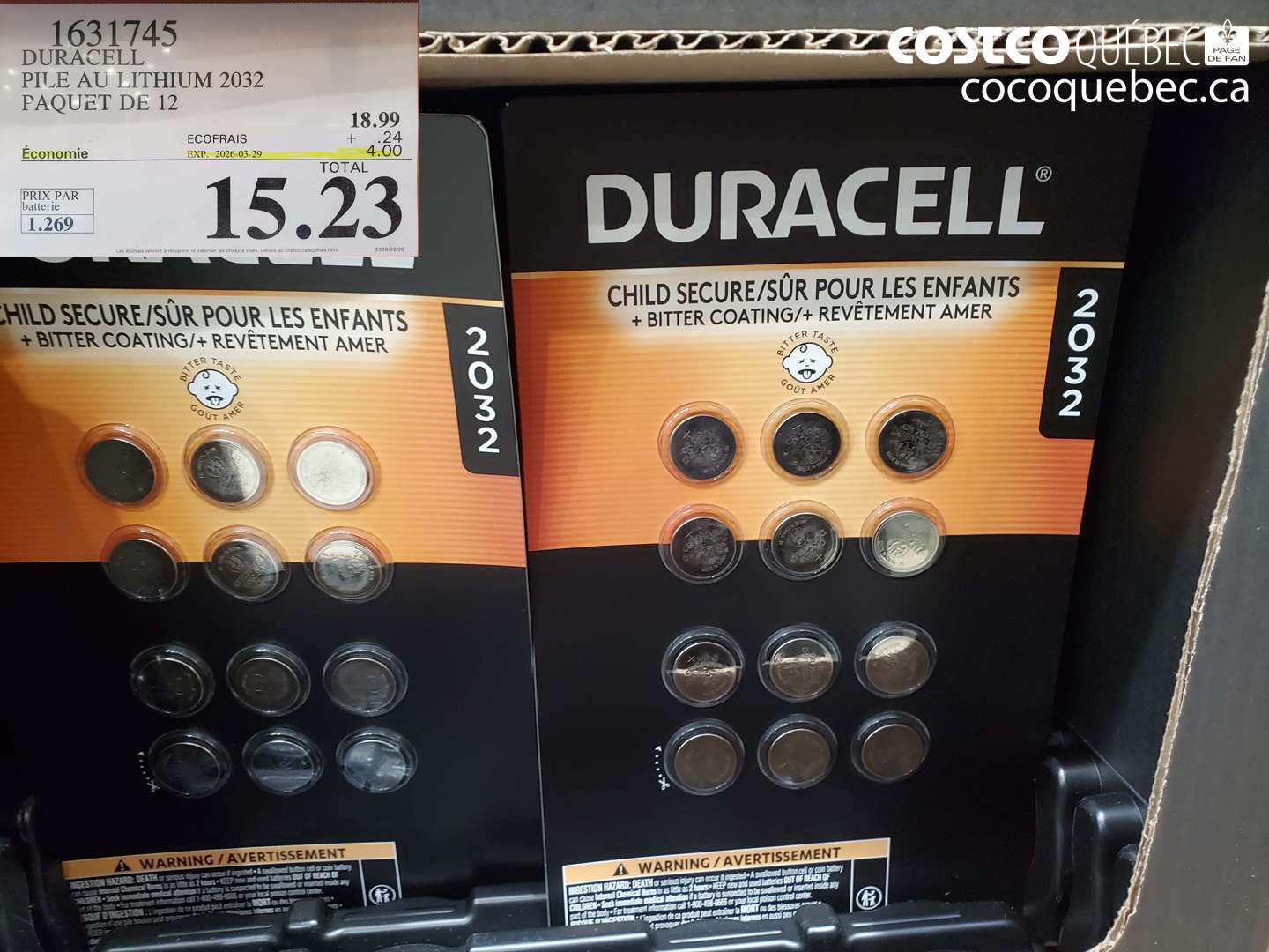 1631745 DURACELL PILE AU LITHIUM 2032 PAQUET DE 12 ($4.00 INSTANT SAVINGS EXPIRES ON 2026-03-29) $15.23