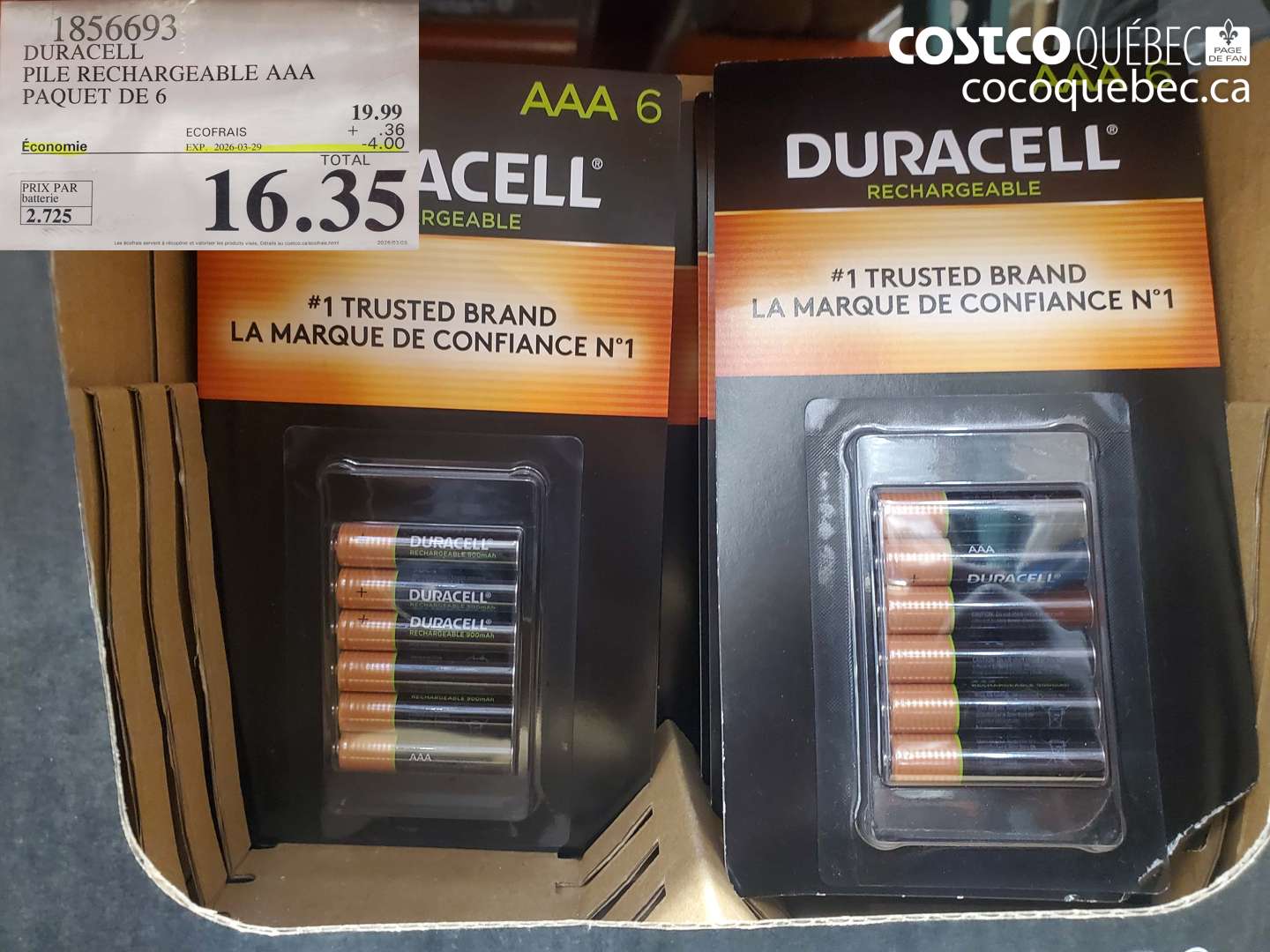 1856693 DURACELL PILE RECHARGEABLE AAA PAQUET DE 6 ($4.00 INSTANT SAVINGS EXPIRES ON 2026-03-29) $16.35