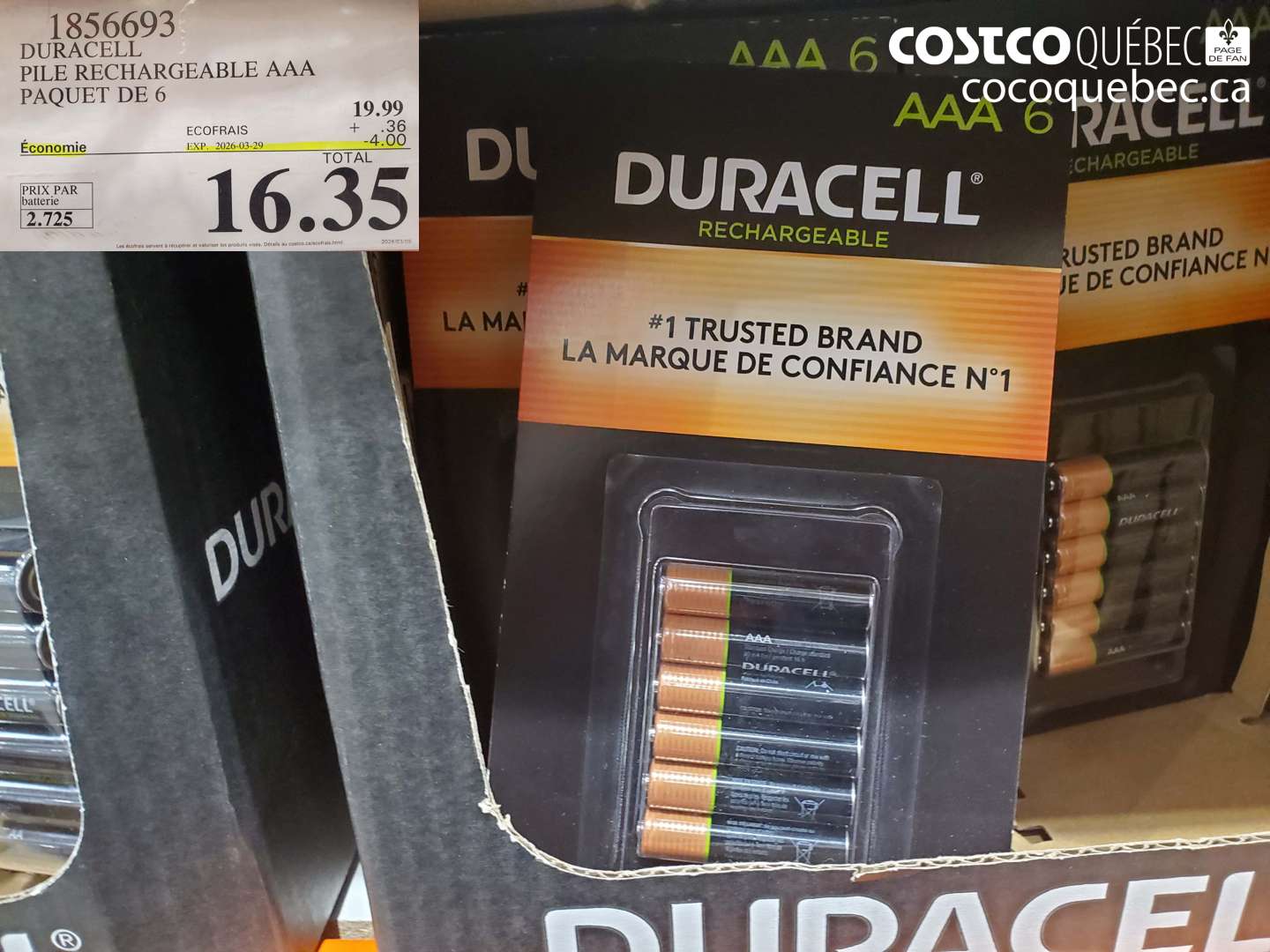 1856693 DURACELL PILE RECHARGEABLE AAA PAQUET DE 6 ($4.00 INSTANT SAVINGS EXPIRES ON 2026-03-29) $16.35