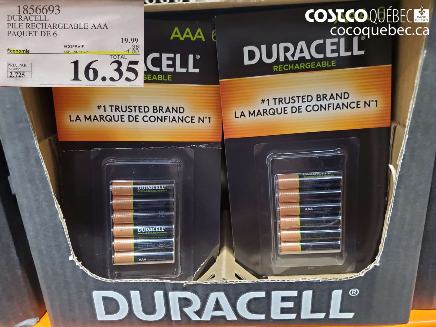 1856693 DURACELL PILE RECHARGEABLE AAA PAQUET DE 6 ($4.00 INSTANT SAVINGS EXPIRES ON 2026-03-29) $16.35