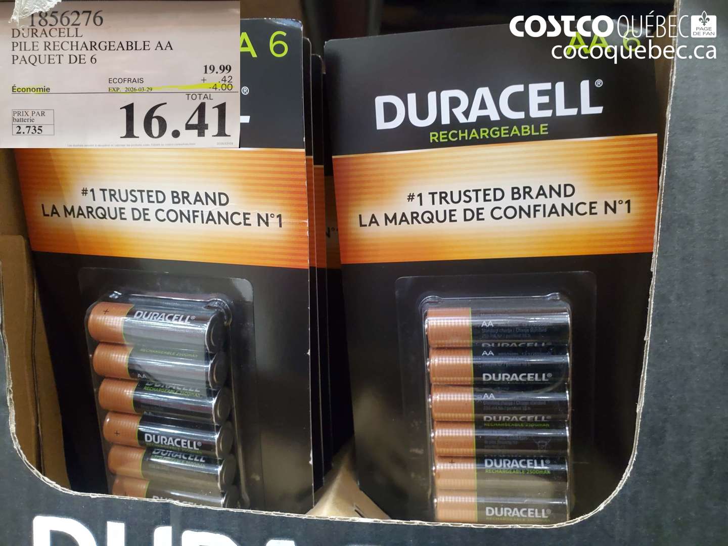 1856276 DURACELL PILE RECHARGEABLE AA PAQUET DE 6 ($4.00 INSTANT SAVINGS EXPIRES ON 2026-03-29) $16.41