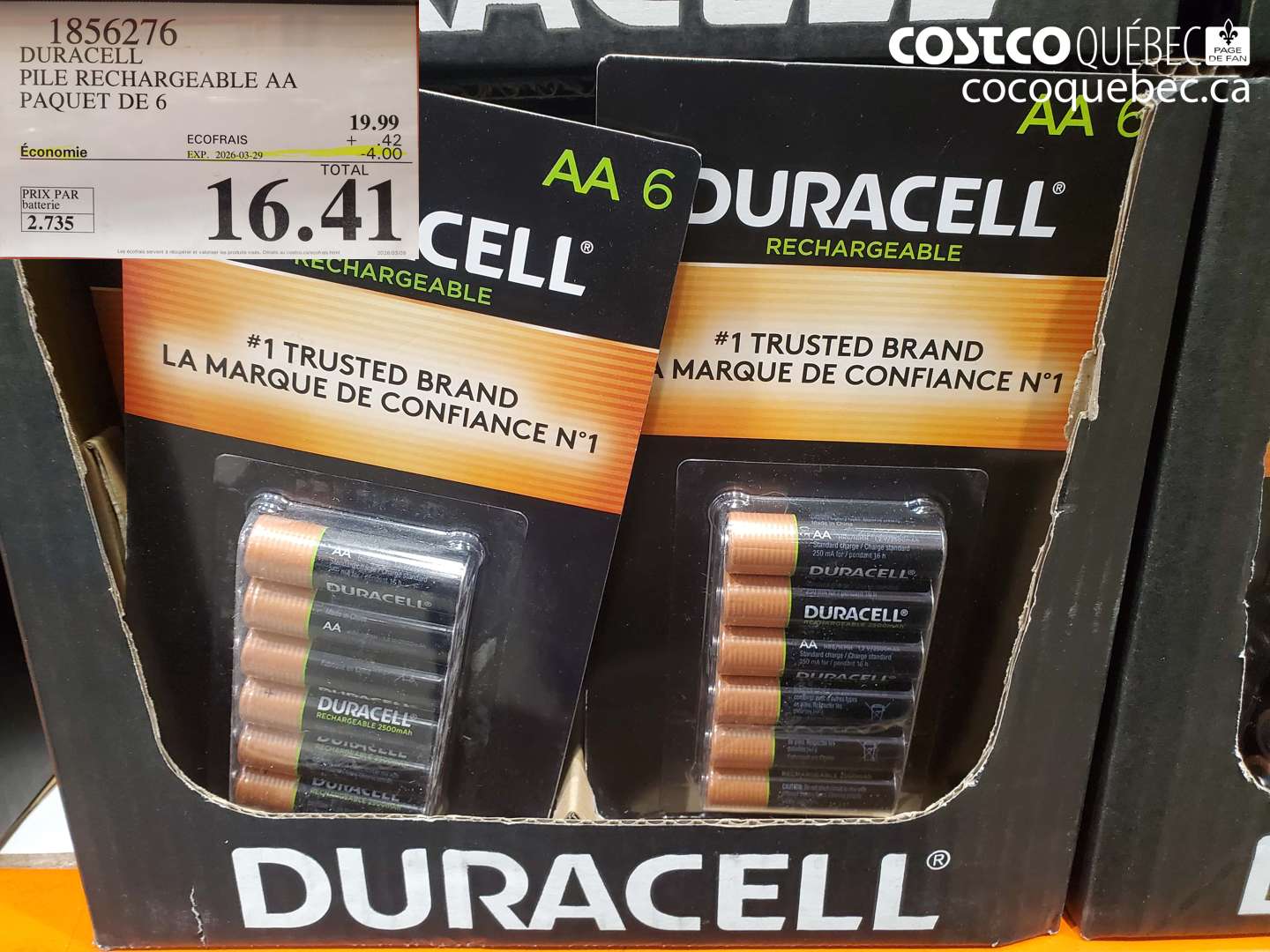 1856276 DURACELL PILE RECHARGEABLE AA PAQUET DE 6 ($4.00 INSTANT SAVINGS EXPIRES ON 2026-03-29) $16.41