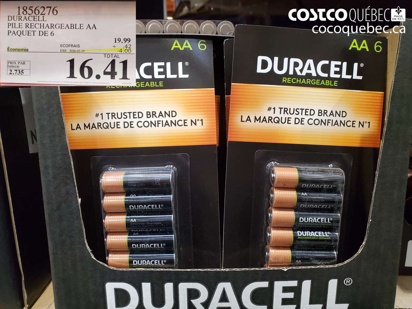 1856276 DURACELL PILE RECHARGEABLE AA PAQUET DE 6 ($4.00 INSTANT SAVINGS EXPIRES ON 2026-03-29) $16.41