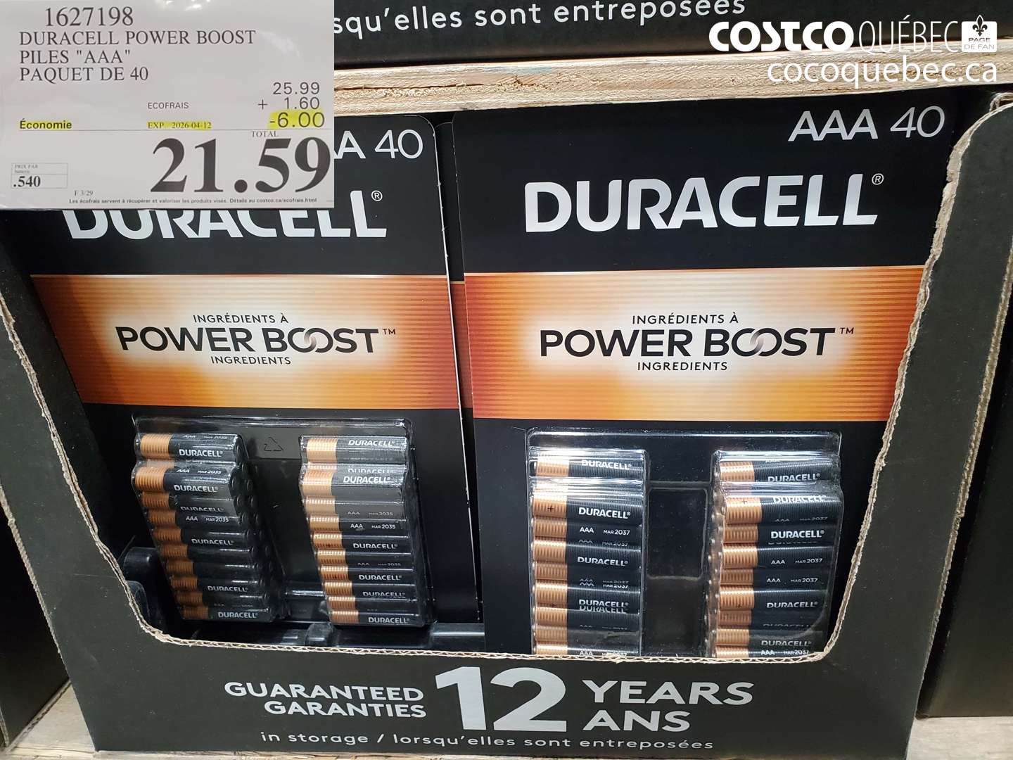 1627198 DURACELL POWER BOOST PILES AAA PAQUET DE 40 ($6.00 INSTANT SAVINGS EXPIRES ON 2026-04-12) $21.59