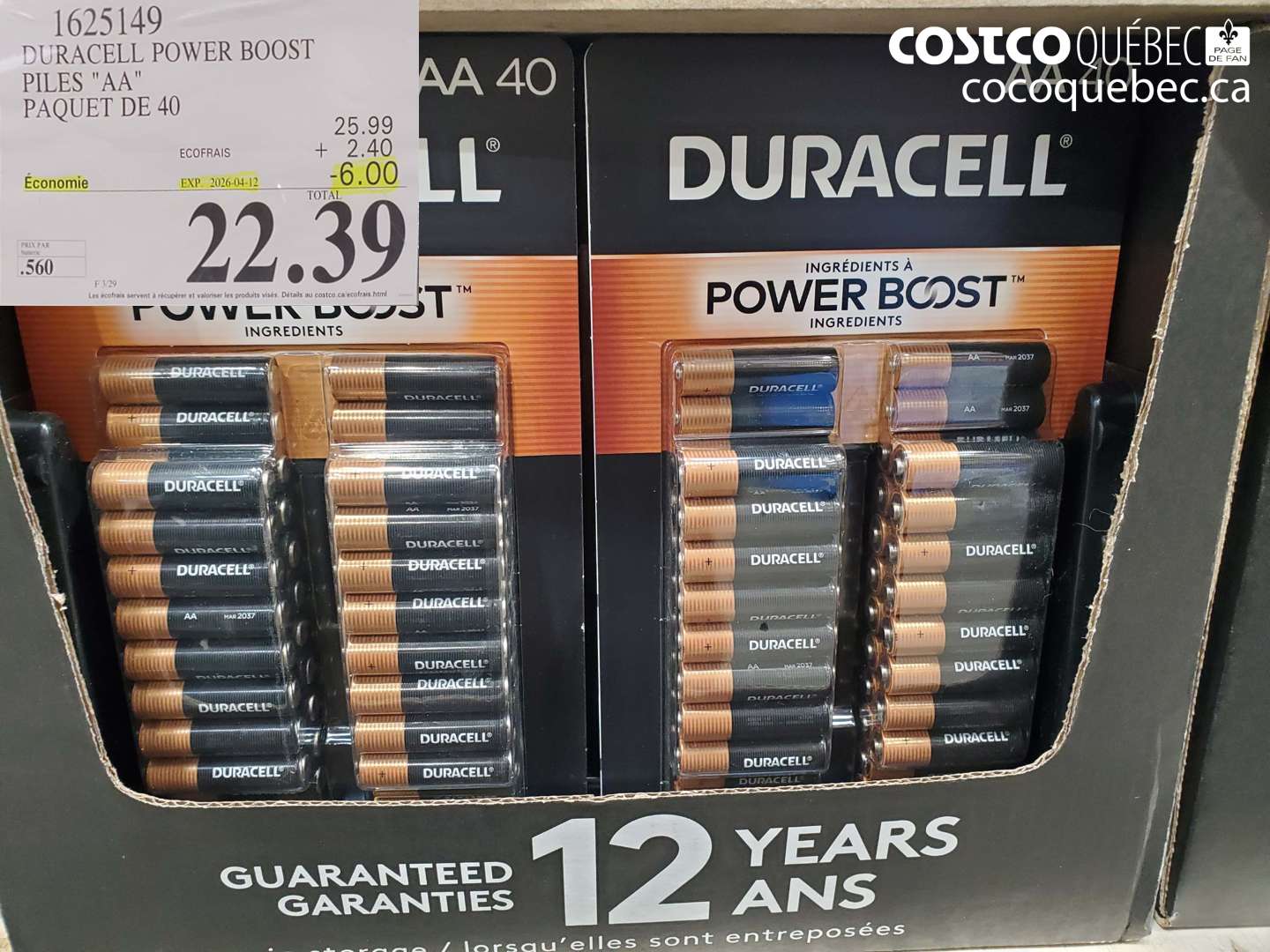 1625149 DURACELL POWER BOOST PILES AA PAQUET DE 40 ($6.00 INSTANT SAVINGS EXPIRES ON 2026-04-12) $22.39