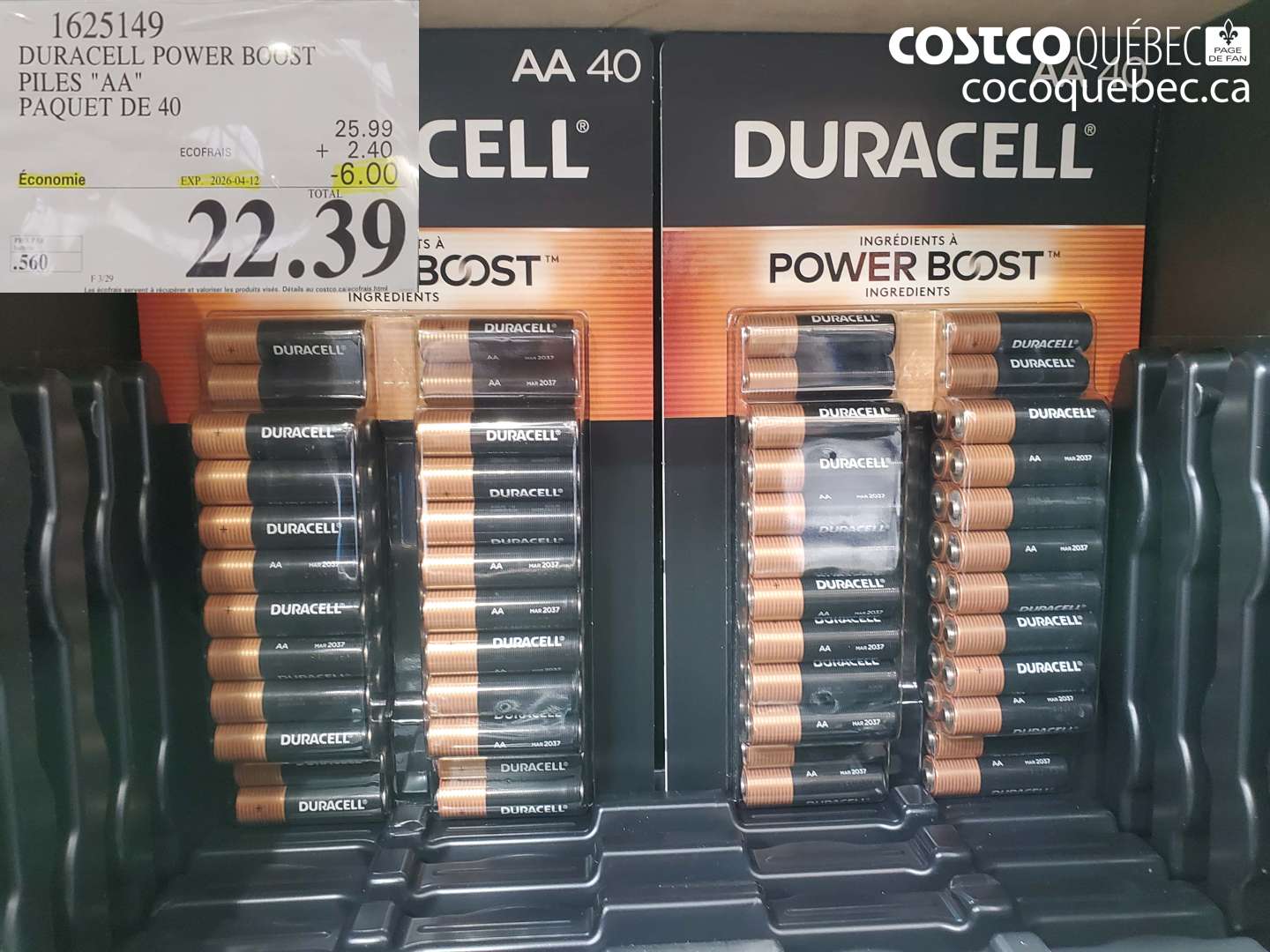 1625149 DURACELL POWER BOOST PILES AA PAQUET DE 40 ($6.00 INSTANT SAVINGS EXPIRES ON 2026-04-12) $22.39