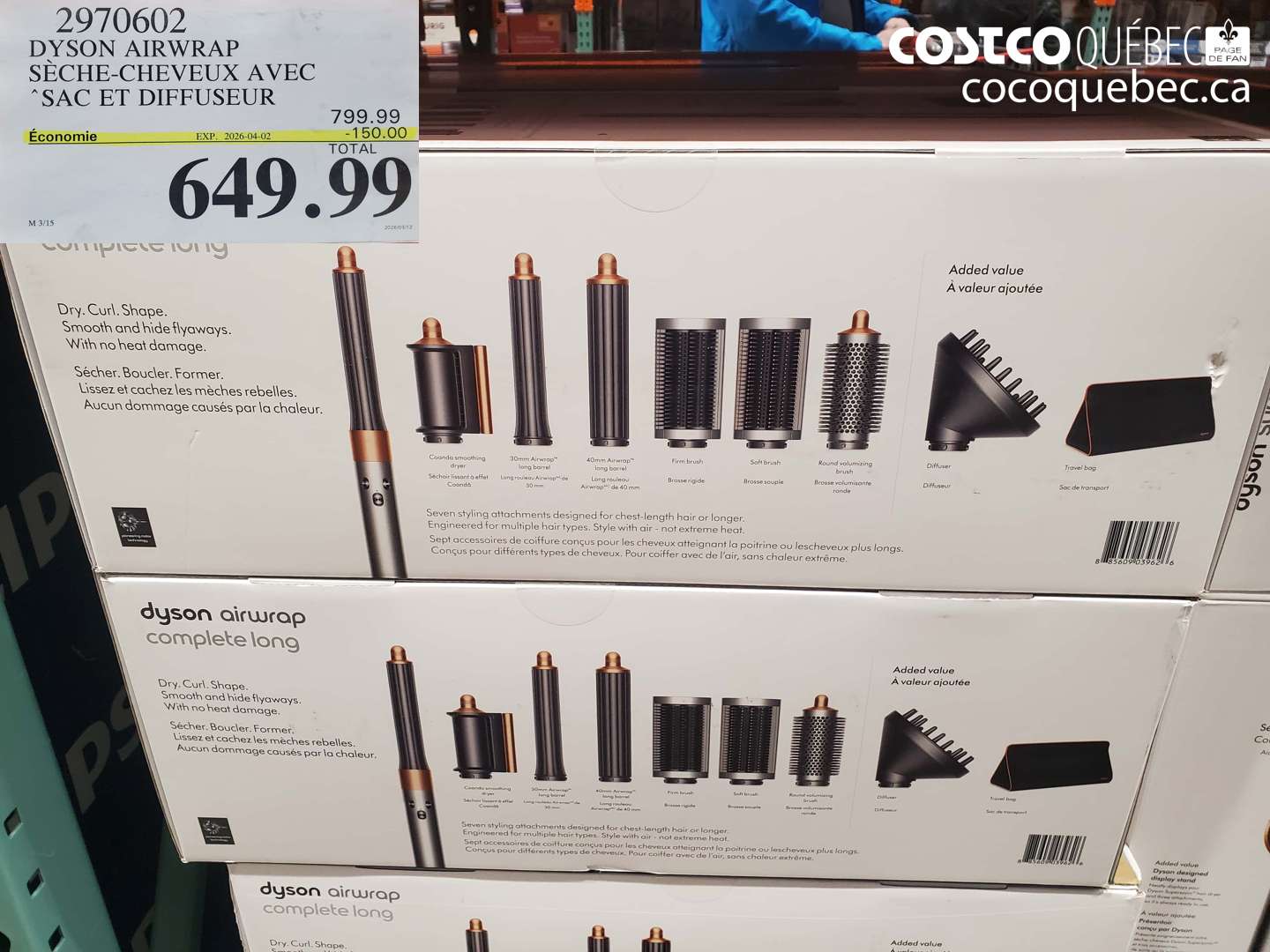 2970602 DYSON AIRWRAP SÉCHE-CHEVEUX AVEC SAC ET DIFFUSEUR ($150.00 INSTANT SAVINGS EXPIRES ON 2026-04-02) $649.99