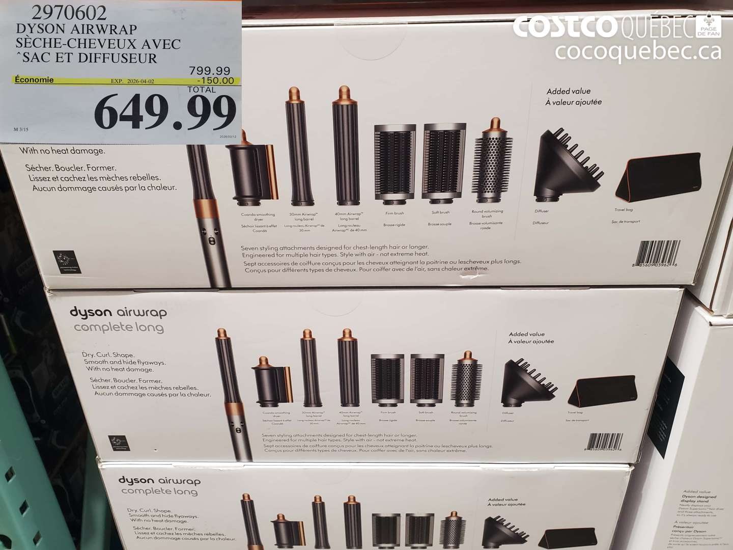 2970602 DYSON AIRWRAP SÈCHE-CHEVEUX AVEC SAC ET DIFFUSEUR ($150.00 INSTANT SAVINGS EXPIRES ON 2026-04-02) $649.99