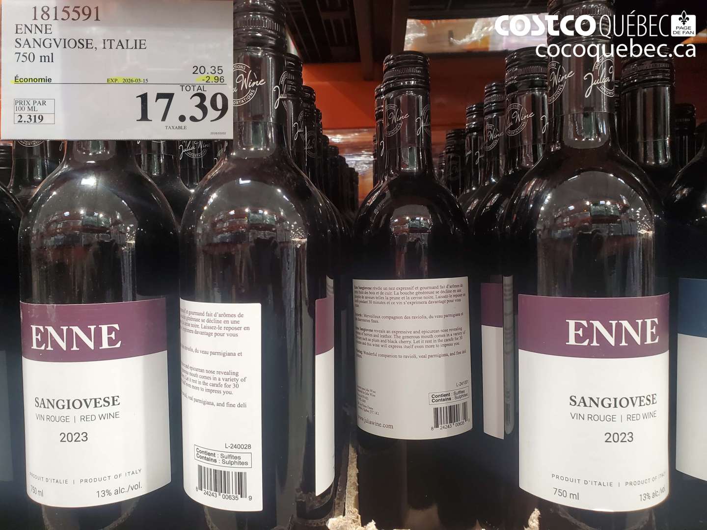 1815591 ENNE SANGVIOSE, ITALIE 750 ML ($2.96 INSTANT SAVINGS EXPIRES ON 2026-03-15) $17.39