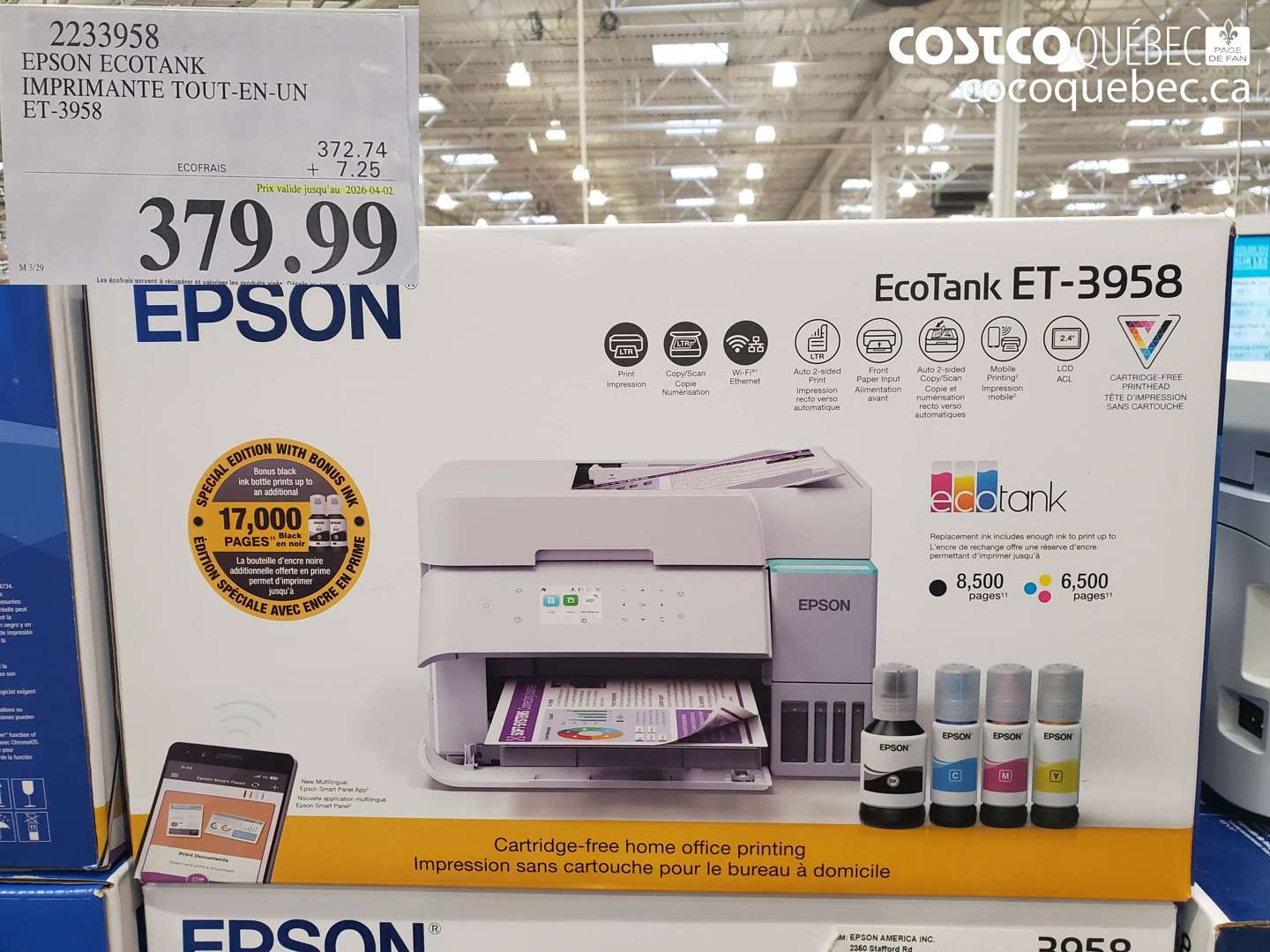 2233958 EPSON ECOTANK IMPRIMANTE TOUT-EN-UN ET-3958 (EXPIRES ON 2026-04-02) $379.99